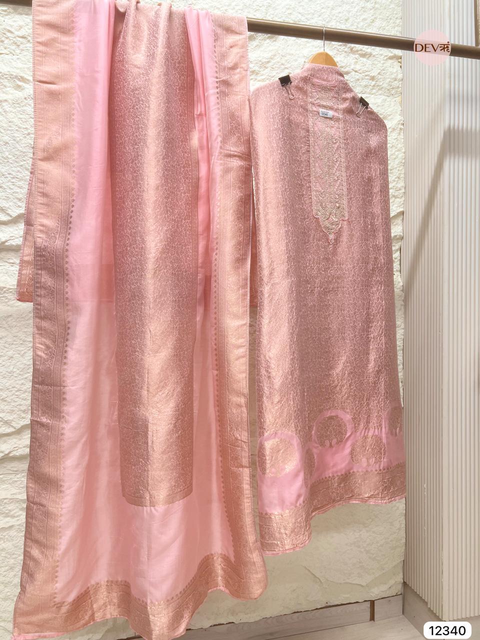 Soft Blush Pink Pure Banarasi Silk Embroidered Unstitched 3-Piece Suit (Devri – D.No 12340)