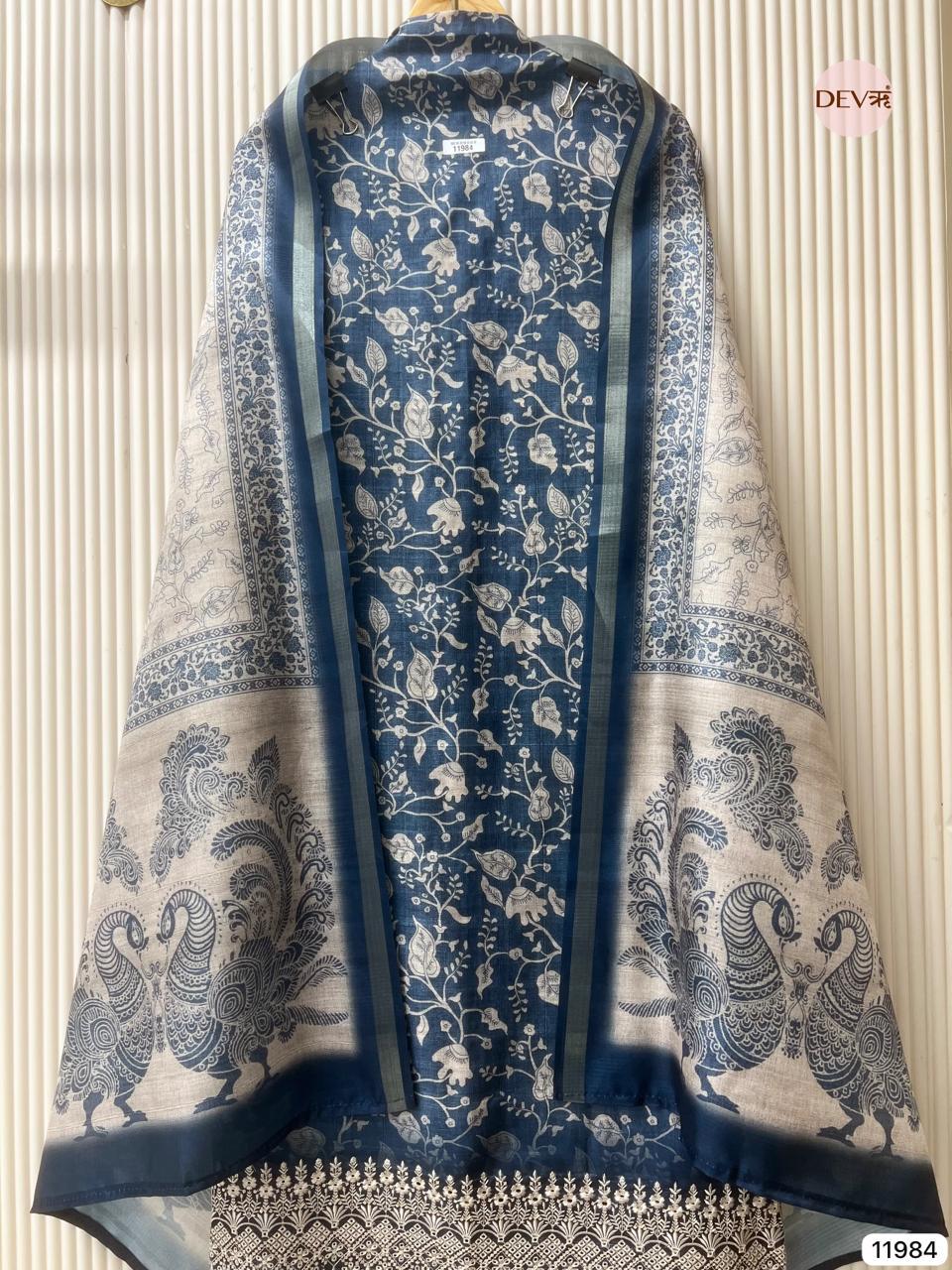 Blue Pure Tusser Silk Printed Unstitched 3-Piece Suit (Devri – D.No 11984)