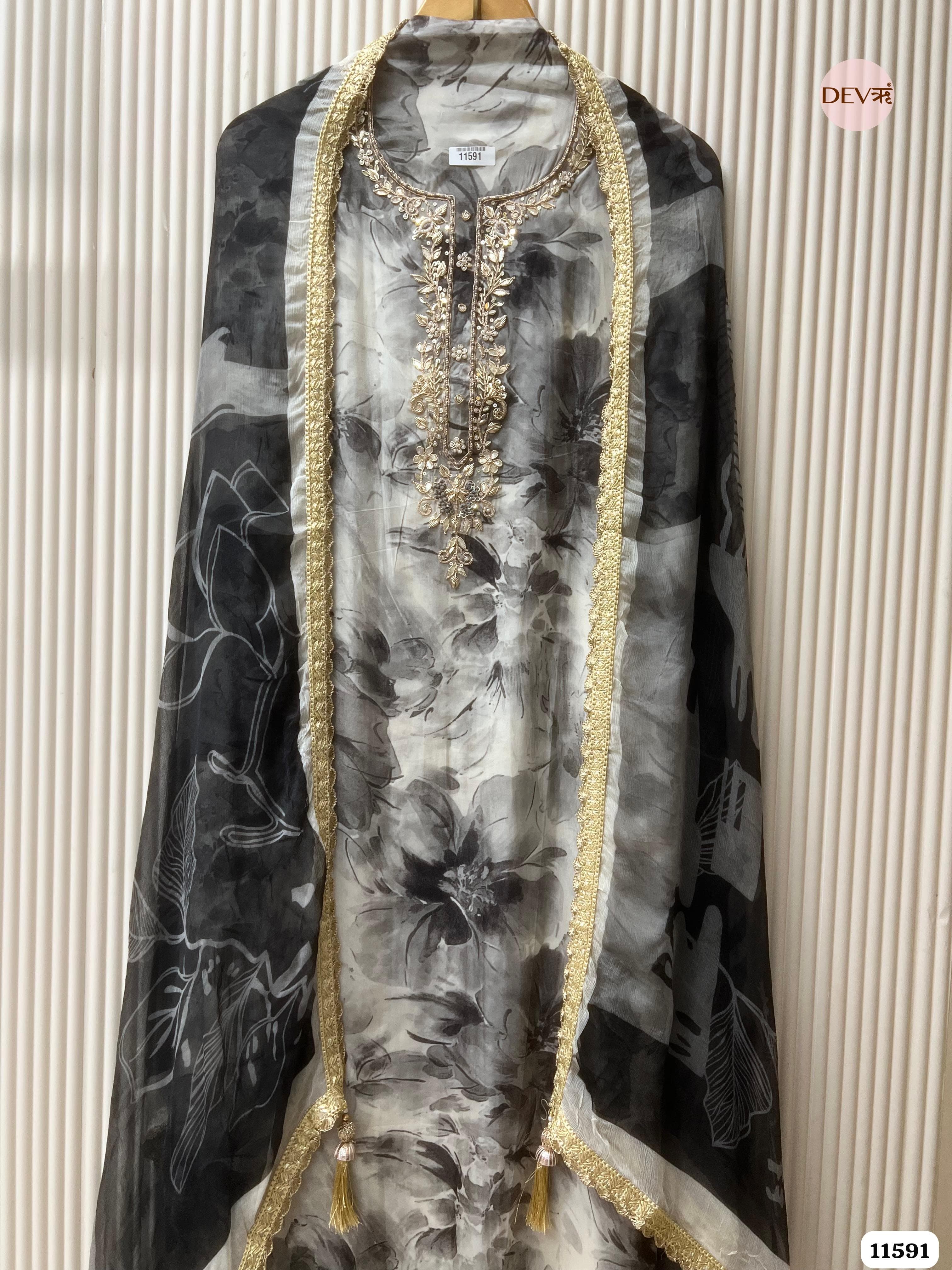 Black Pure Organza Silk Unstitched Hand Embroidered -Set Of 3 {11591}