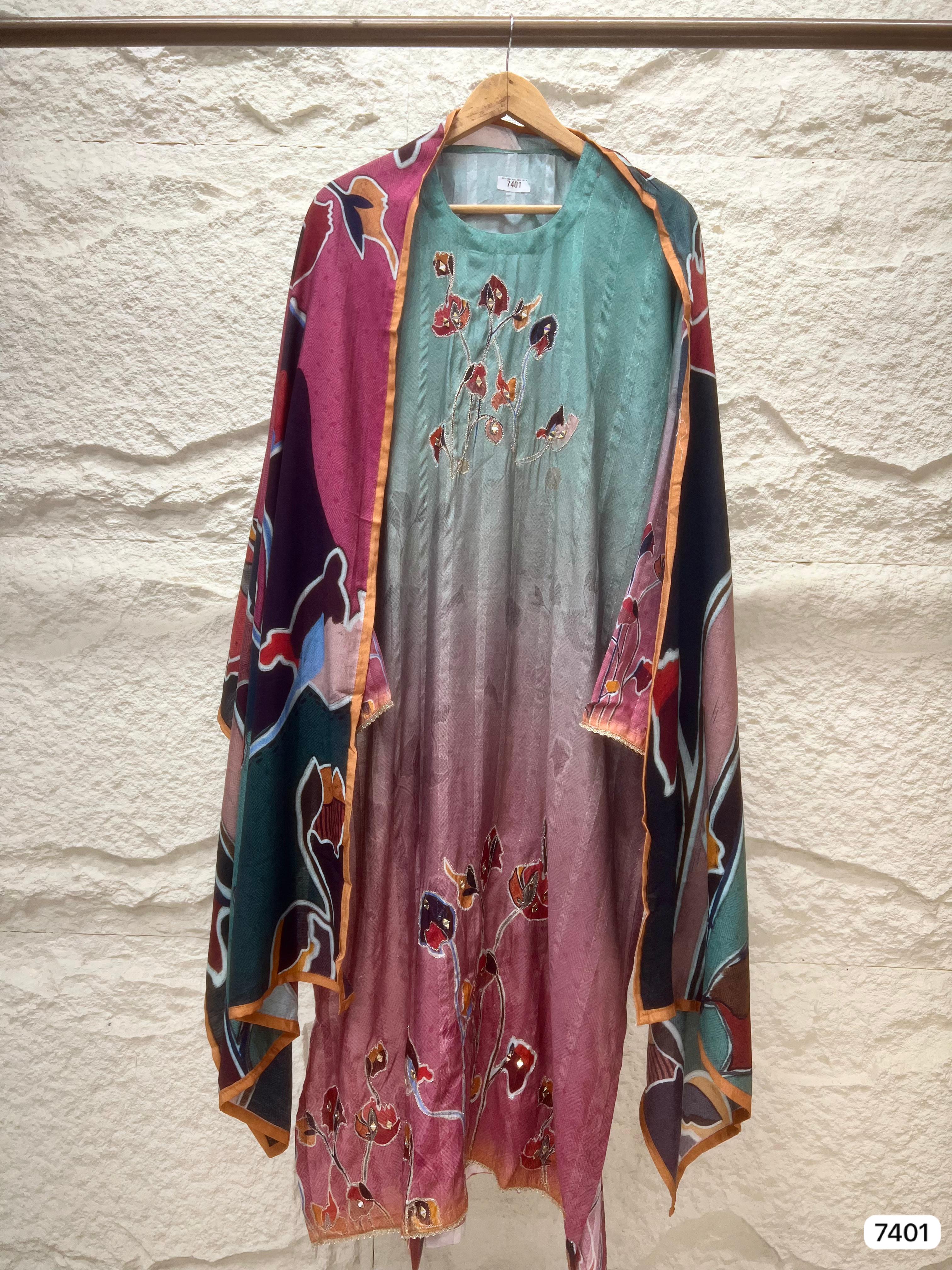 Kavya Muslin Ombre Printed Teal &amp; Mauve 3-Piece Set (Devri – D.No 7401)