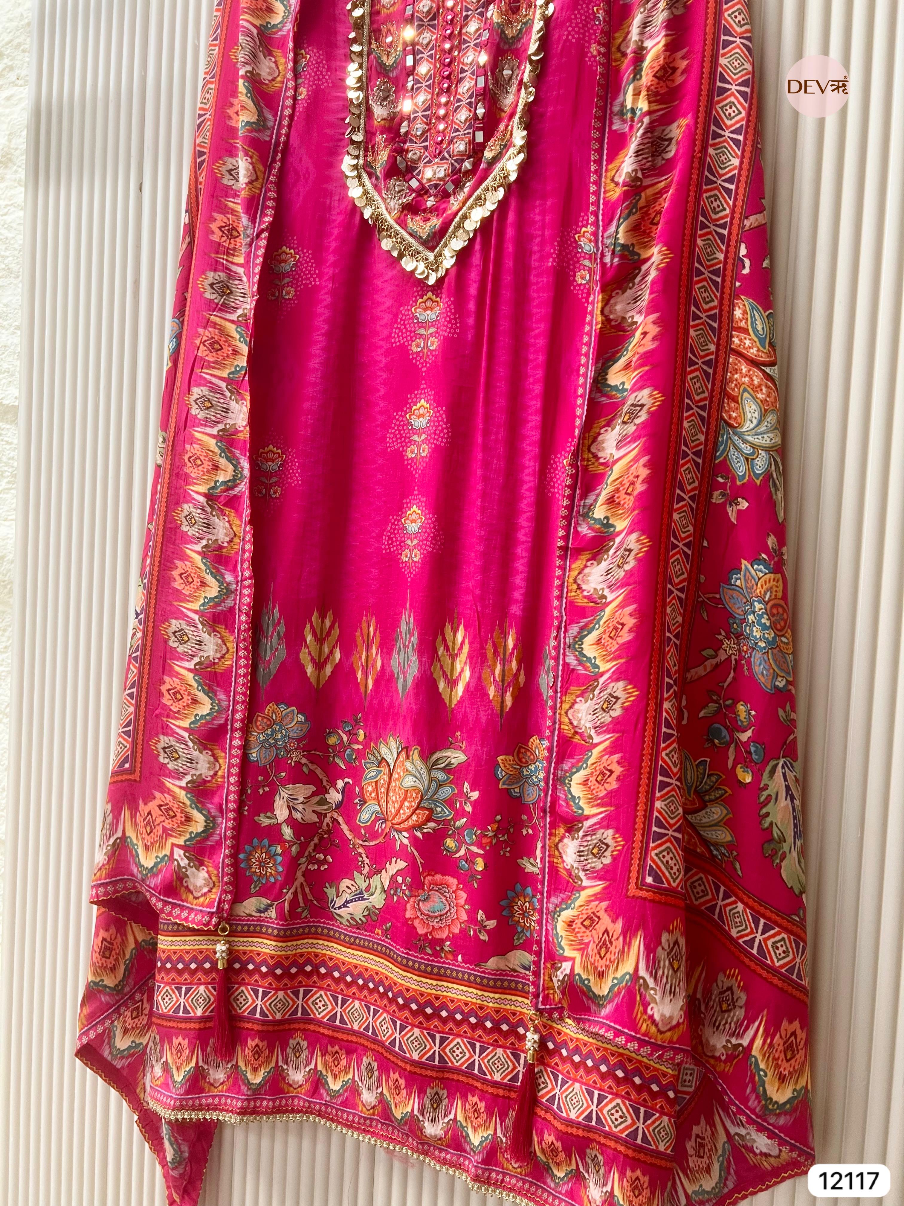 Pink Pure Natural Crepe Unstitched Printed Hand Embroidered - Set Of 3 - {12117}