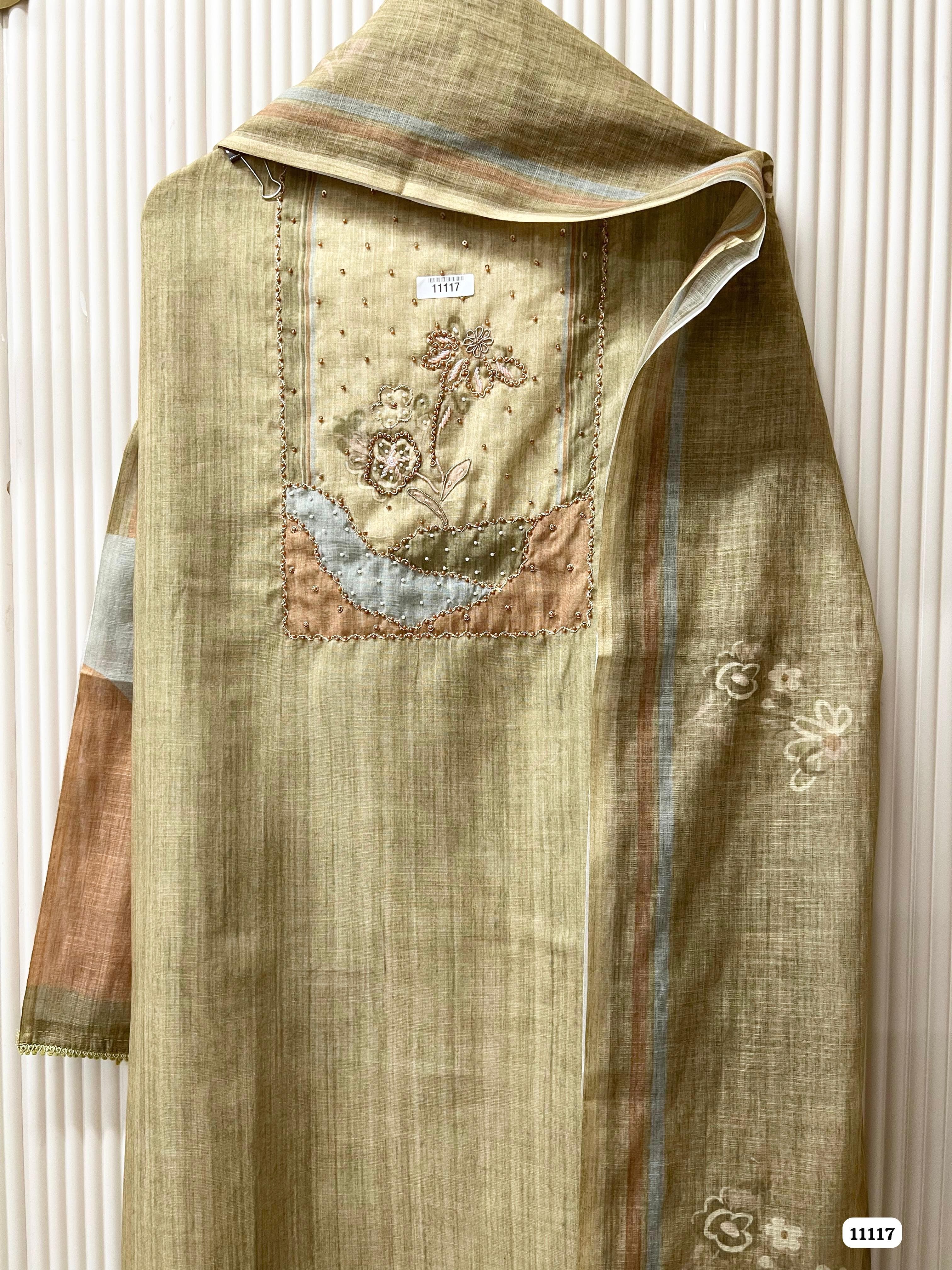 Beige Linen printed Unstitched Hand Embroidered -Set Of 3