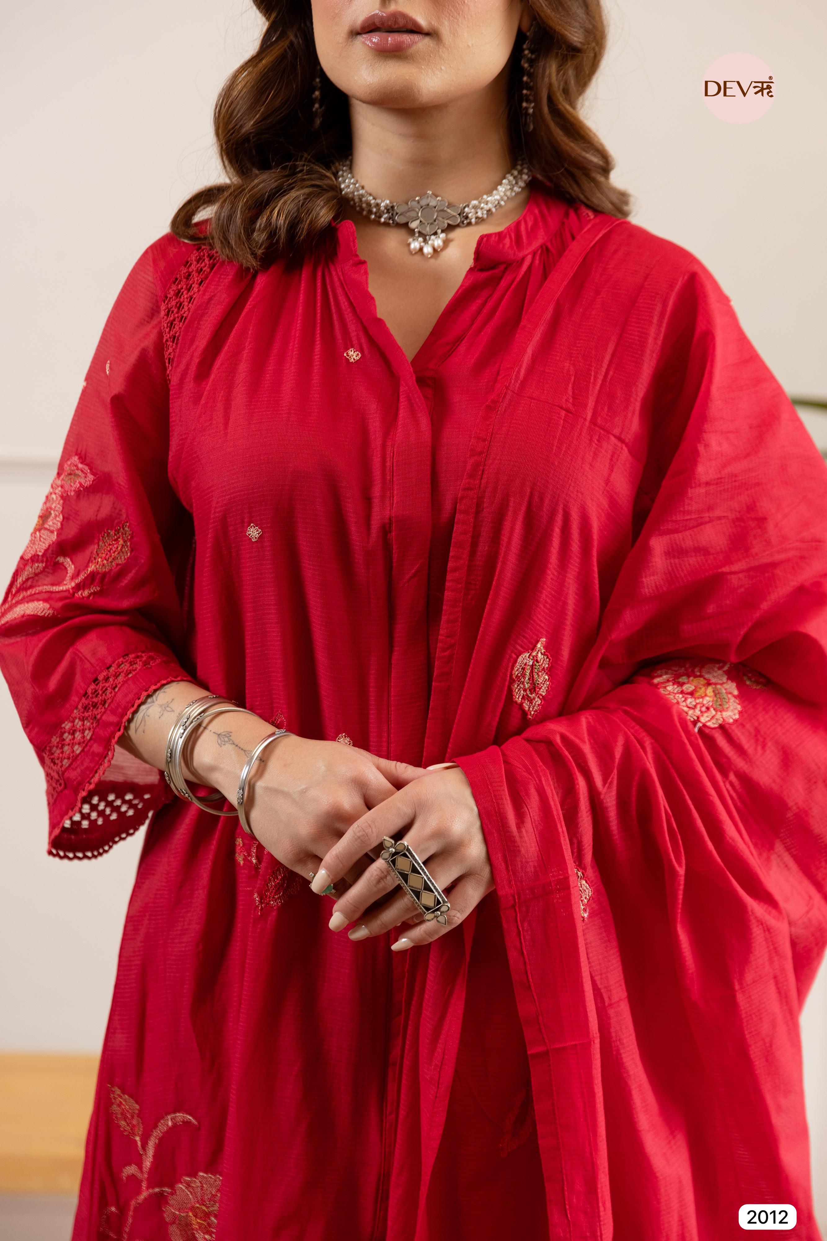 Red Crafted Airy Mul Chanderi -Set Of 3- {2012}