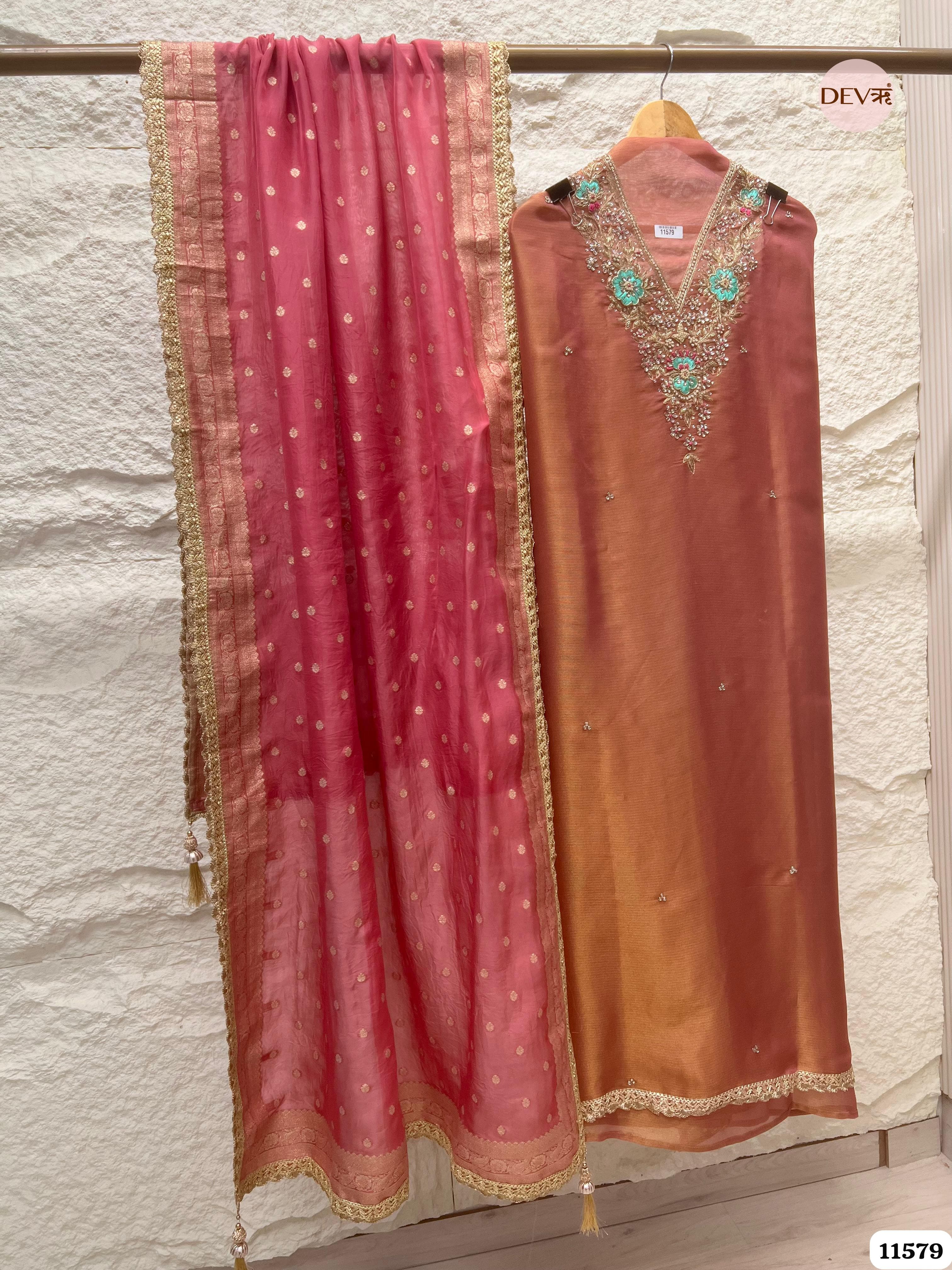 Light Brown Pure Tissue Silk Unstitched Hand Embroidered -Set Of 3 {11579}