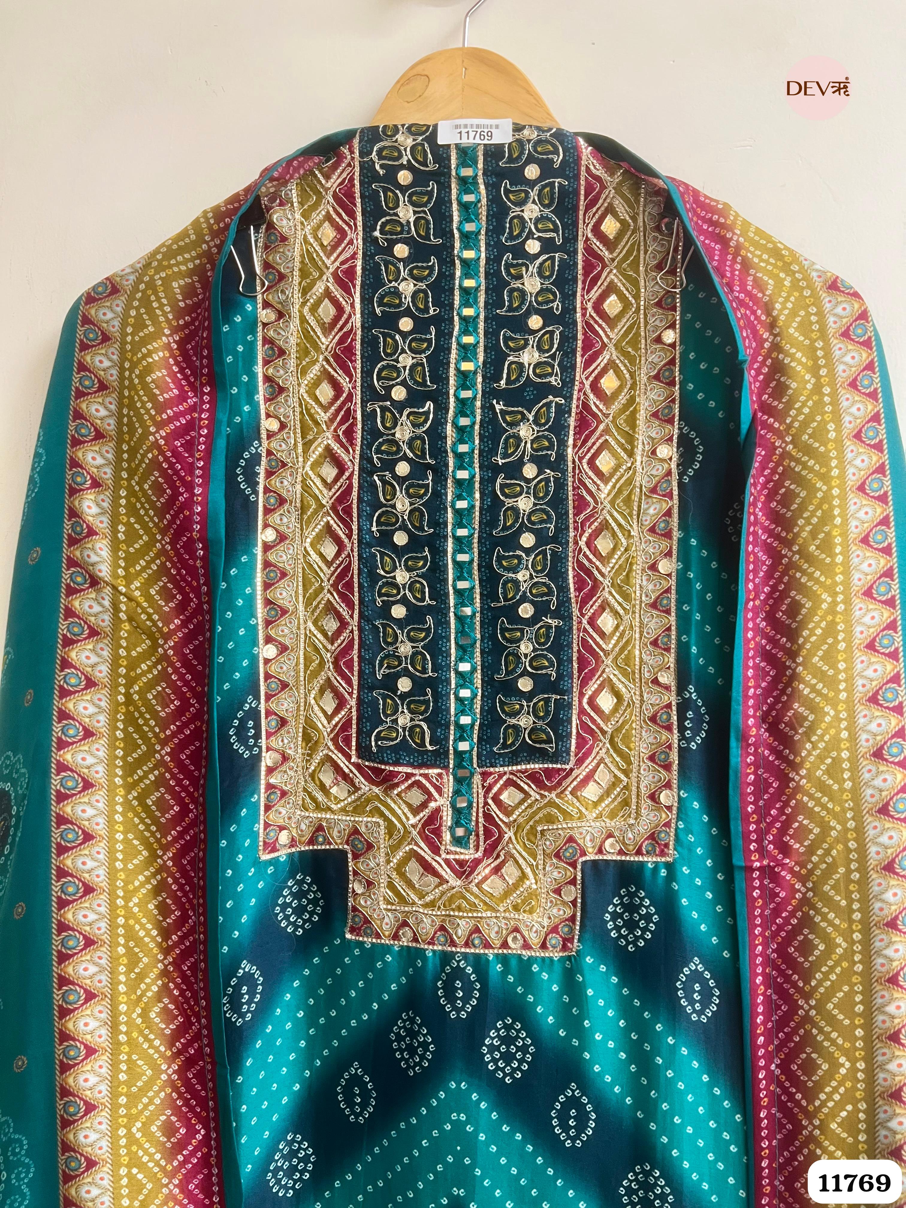 Blue Green Russian Silk Printed Unstitched Hand Embroidered -Set Of 3 {11769}