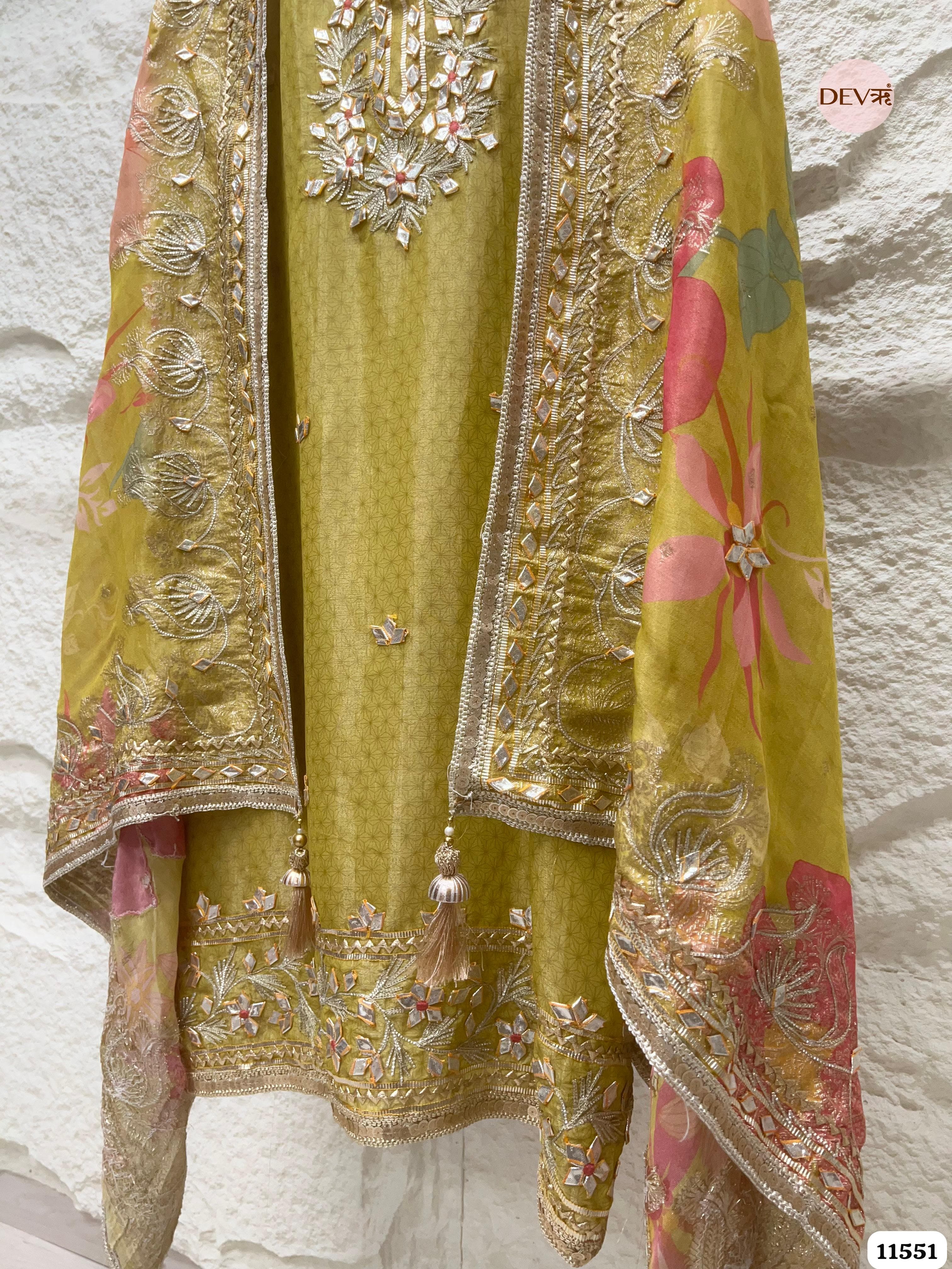 Olive Green Pure Tissue Silk Unstitched Printed Hand Gota Embroidered -Set Of 3 {11551}
