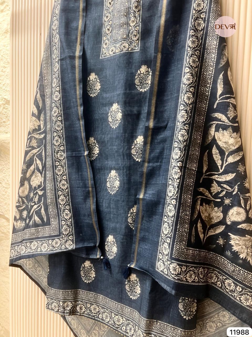 Navy Mul Chanderi Printed Unstitched 3-Piece Suit (Devri – D.No 11988)