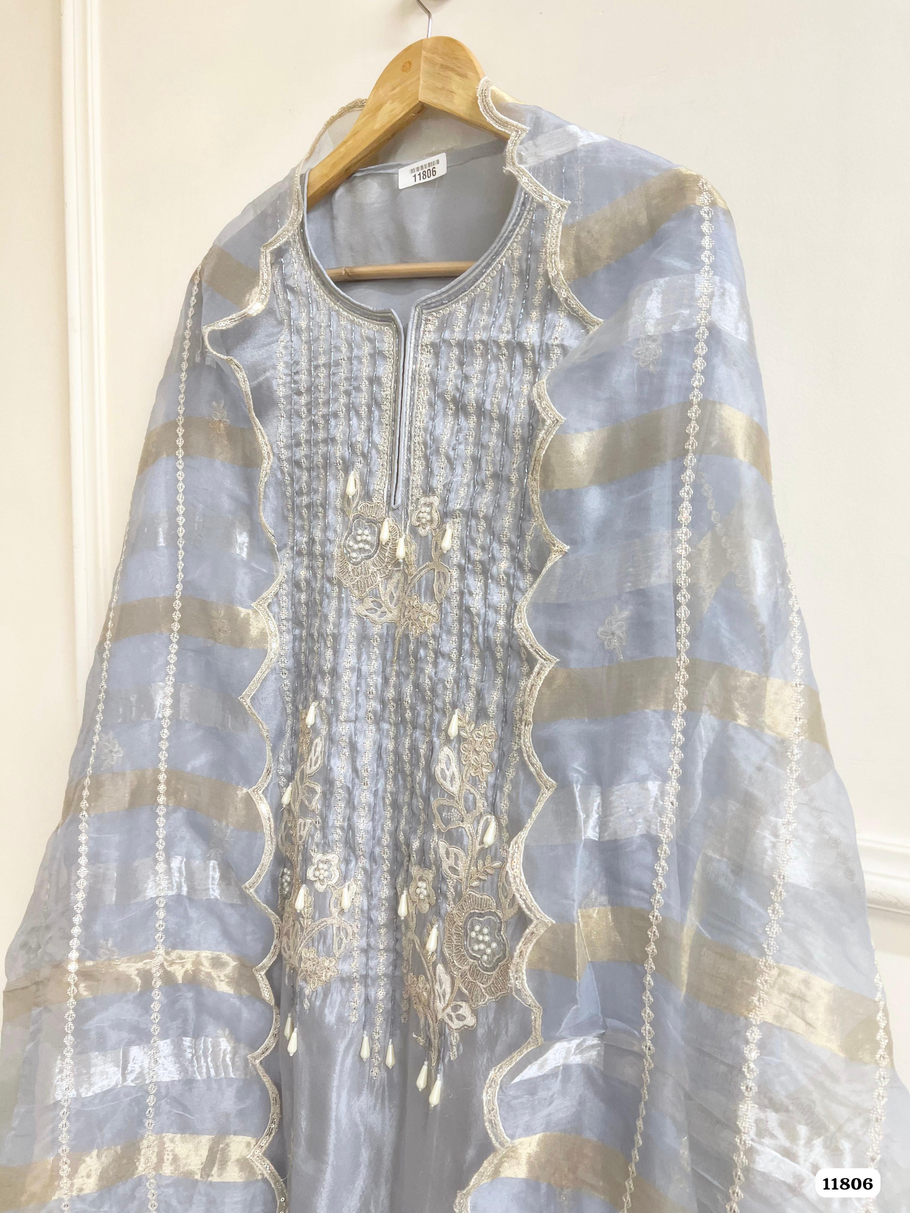 Light Grey Tissue silk unstitched Hand Embroidered -Set Of 3 {11806}