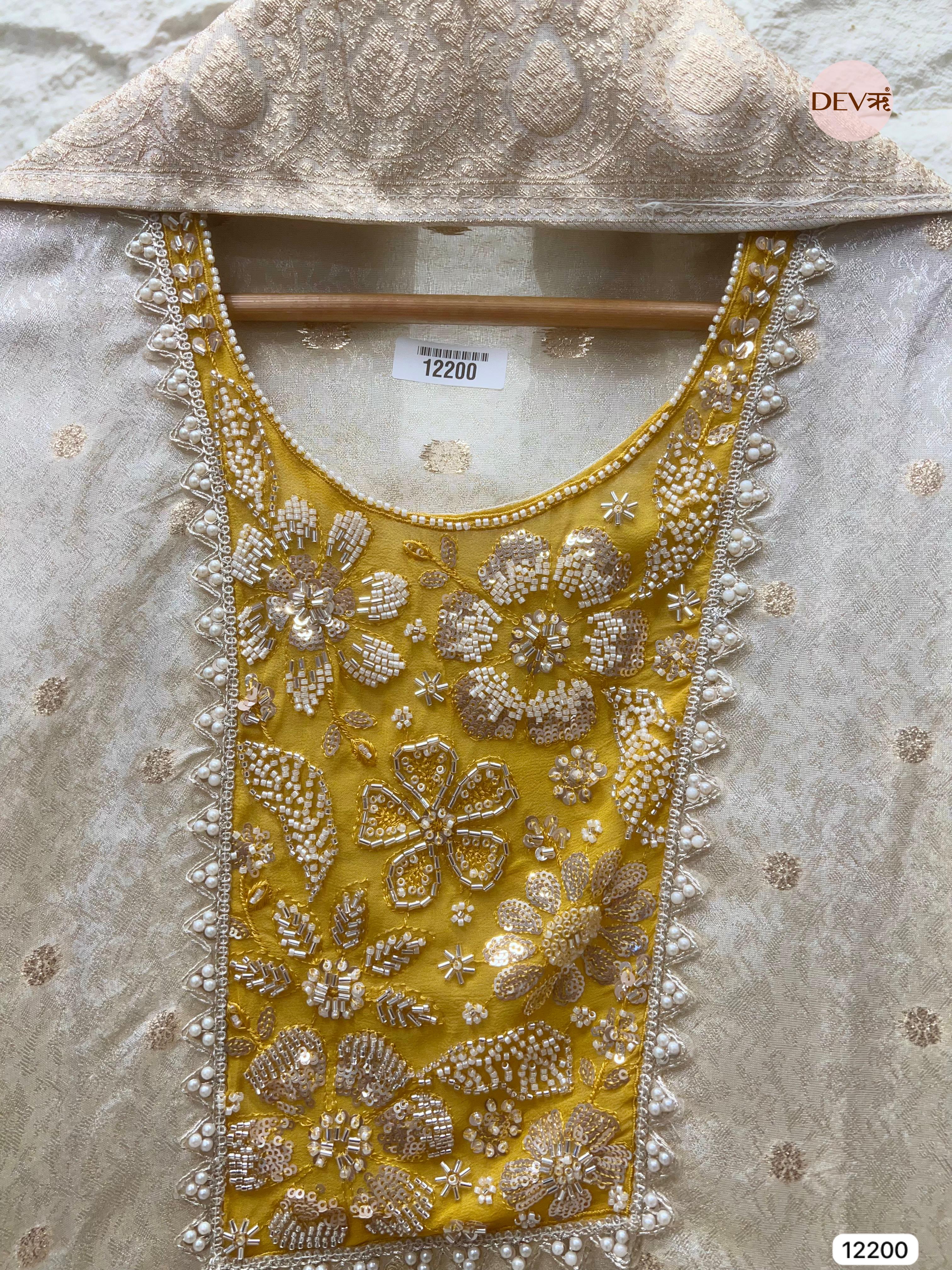 Off white Pure Shimmer Silk Unstitched Banarasi Woven -Set Of 3- {12200}