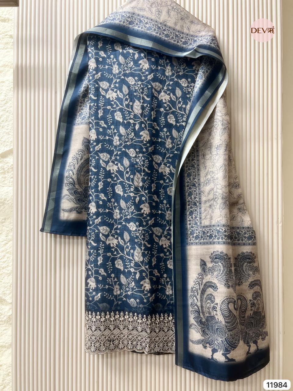 Blue Pure Tusser Silk Printed Unstitched 3-Piece Suit (Devri – D.No 11984)