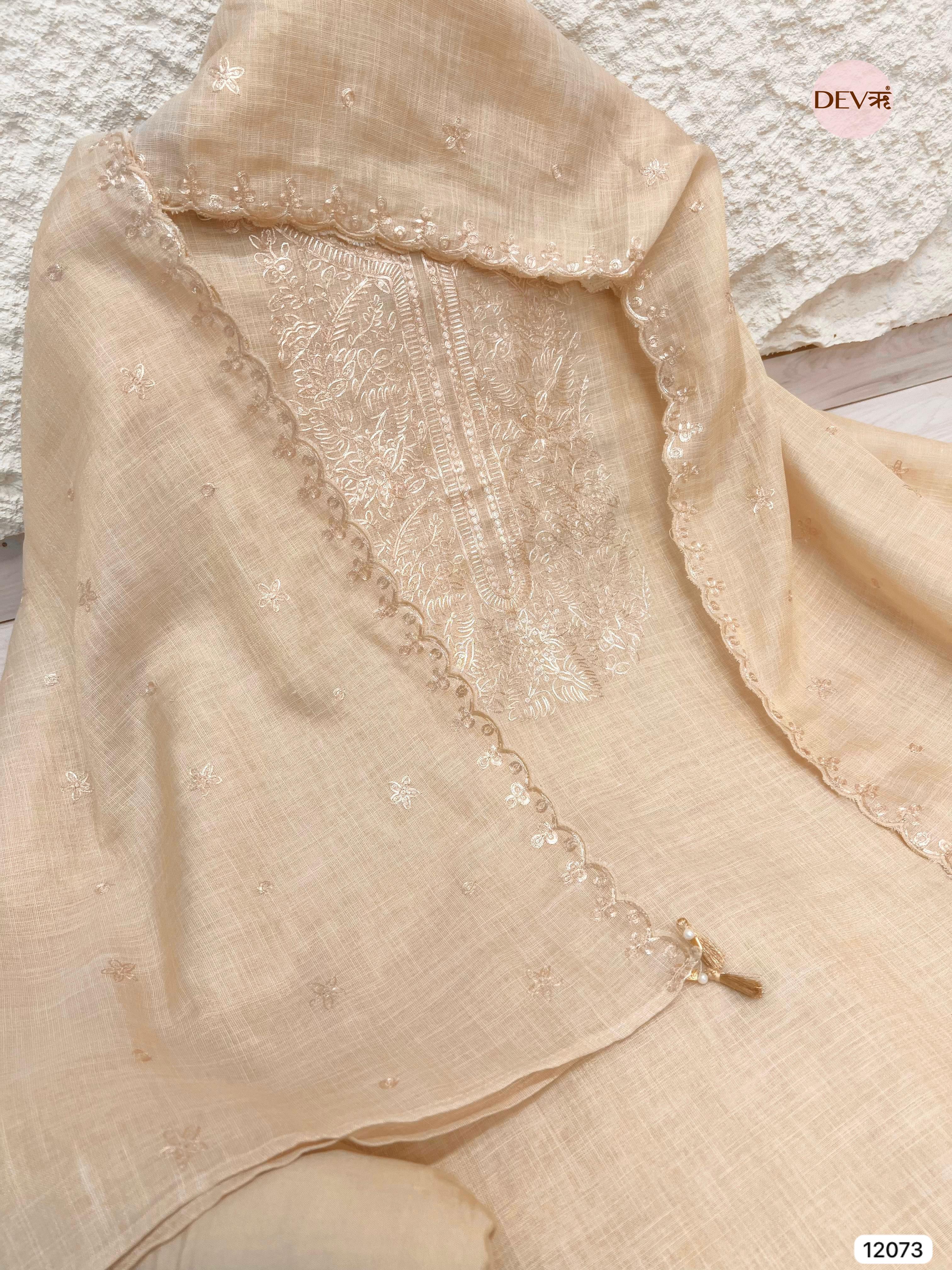 Beige Pure Linen Unstitched Zardosi Embroidered -Set Of 3 - {12073}