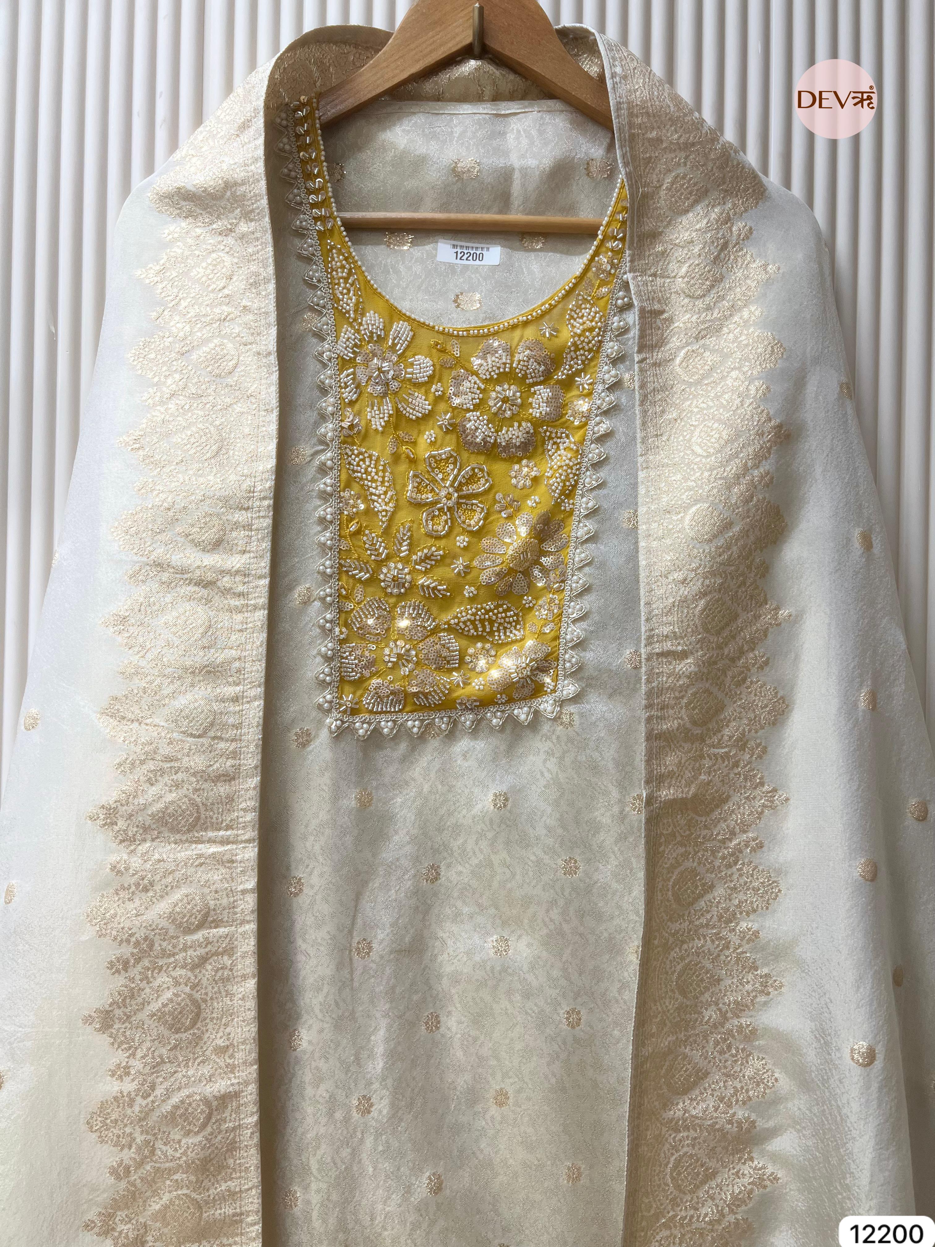 Off white Pure Shimmer Silk Unstitched Banarasi Woven -Set Of 3- {12200}