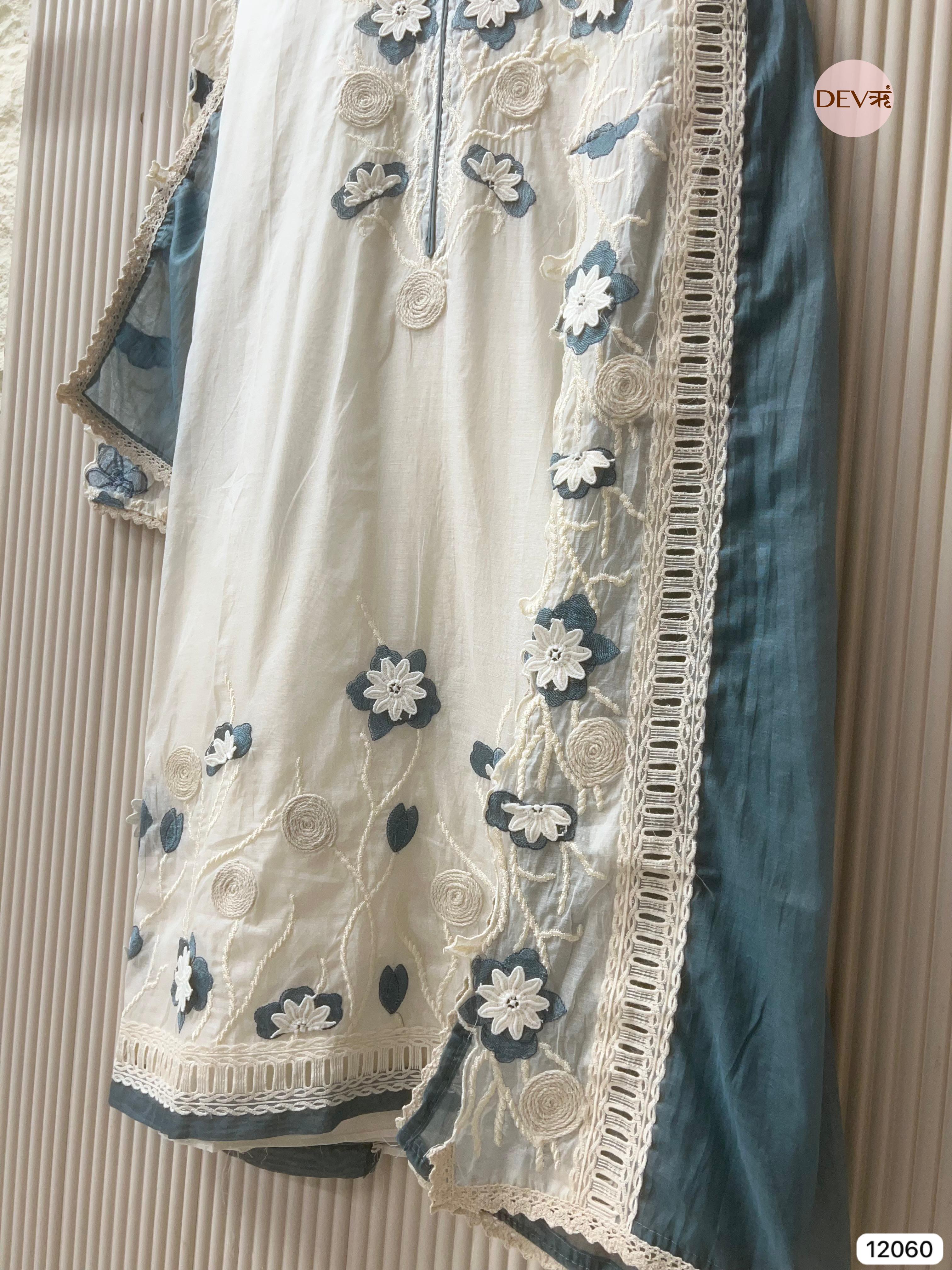 White Mul Chanderi Unstitched With Hand Embroidered -Set Of 3 - {12060}