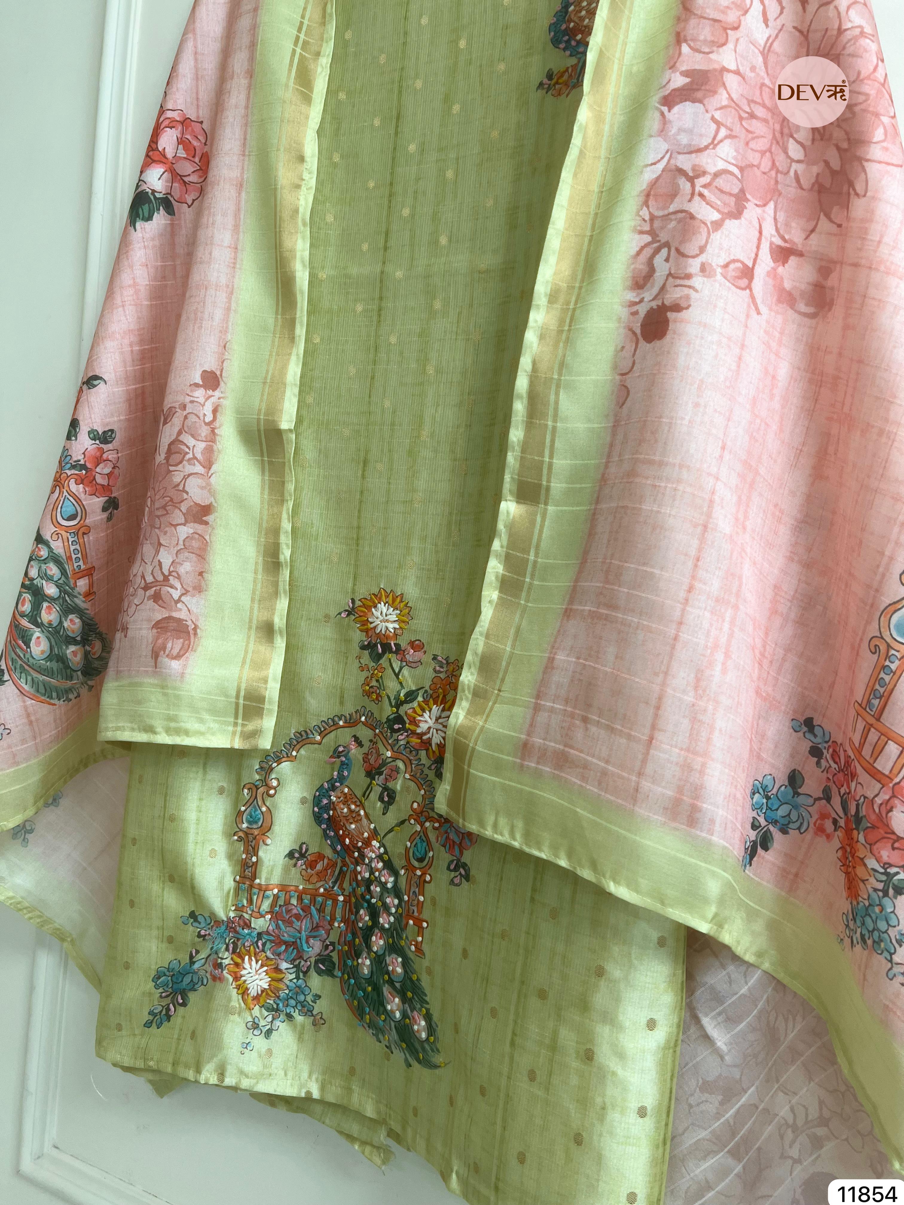 Lime green Tusser Silk Unstitched Printed Hand Embroidered -Set Of 3