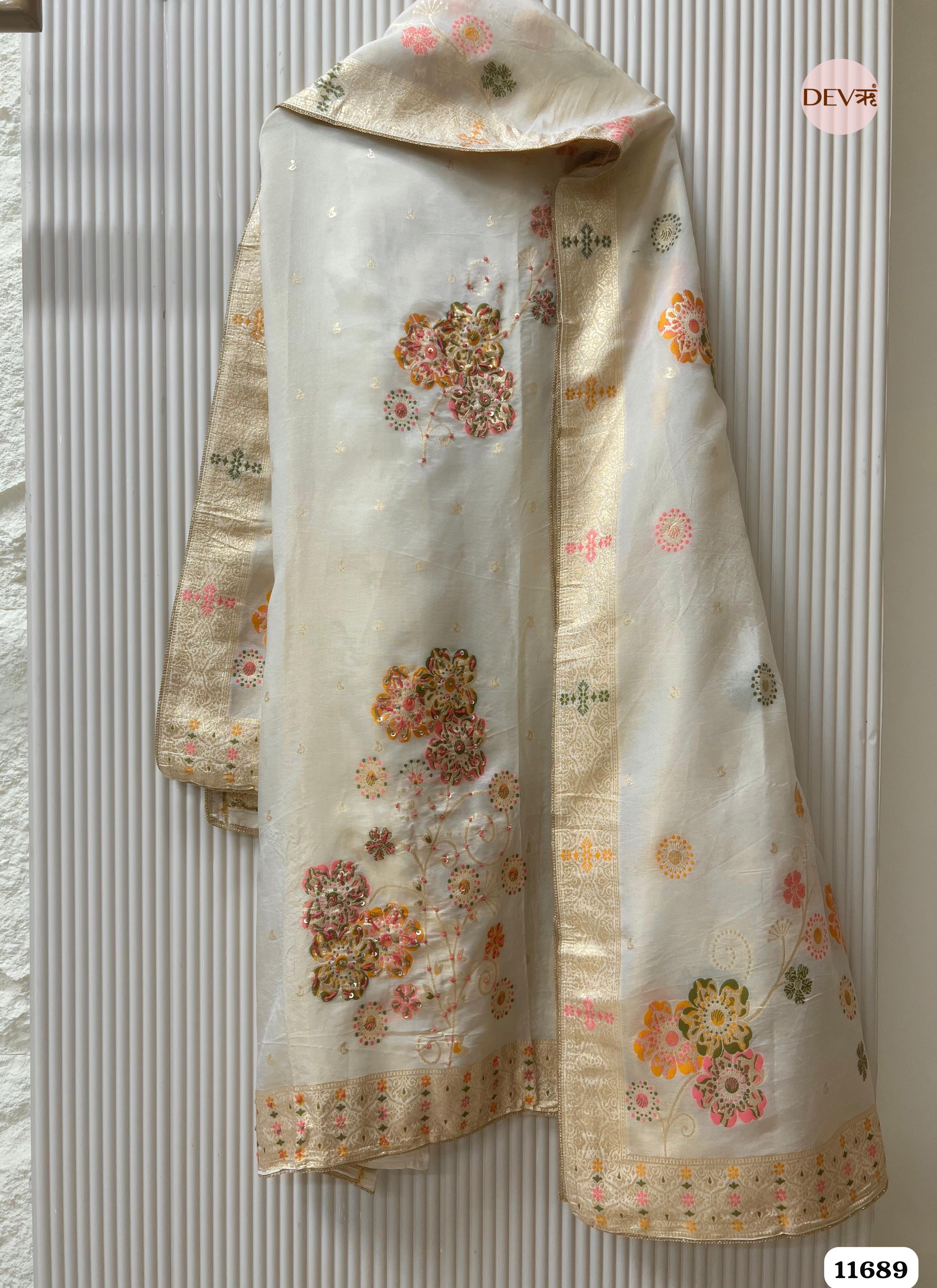 Off white Burberry Silk Unstitched Woven Embroidered -Set Of 3 {11689}