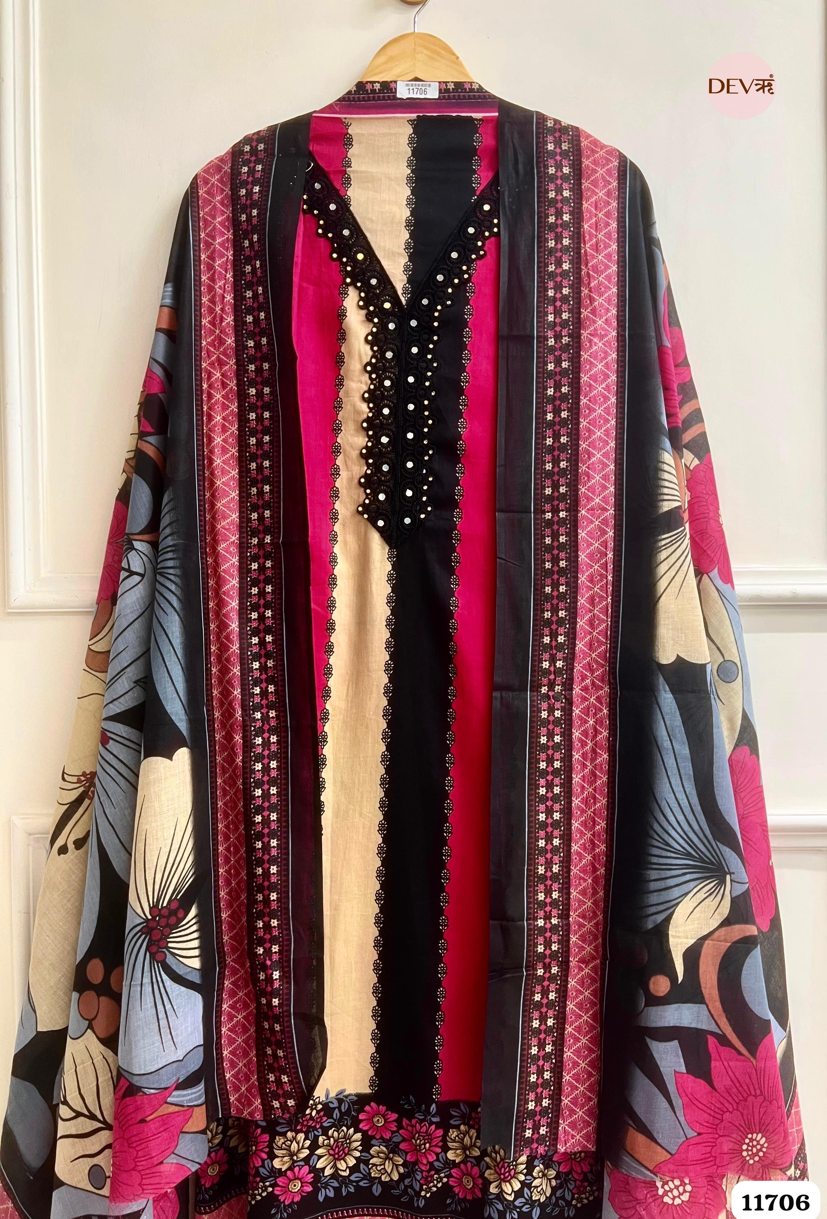 Multi Colour Cotton Unstitched Printed Embroidered -Set Of 3 {11706}