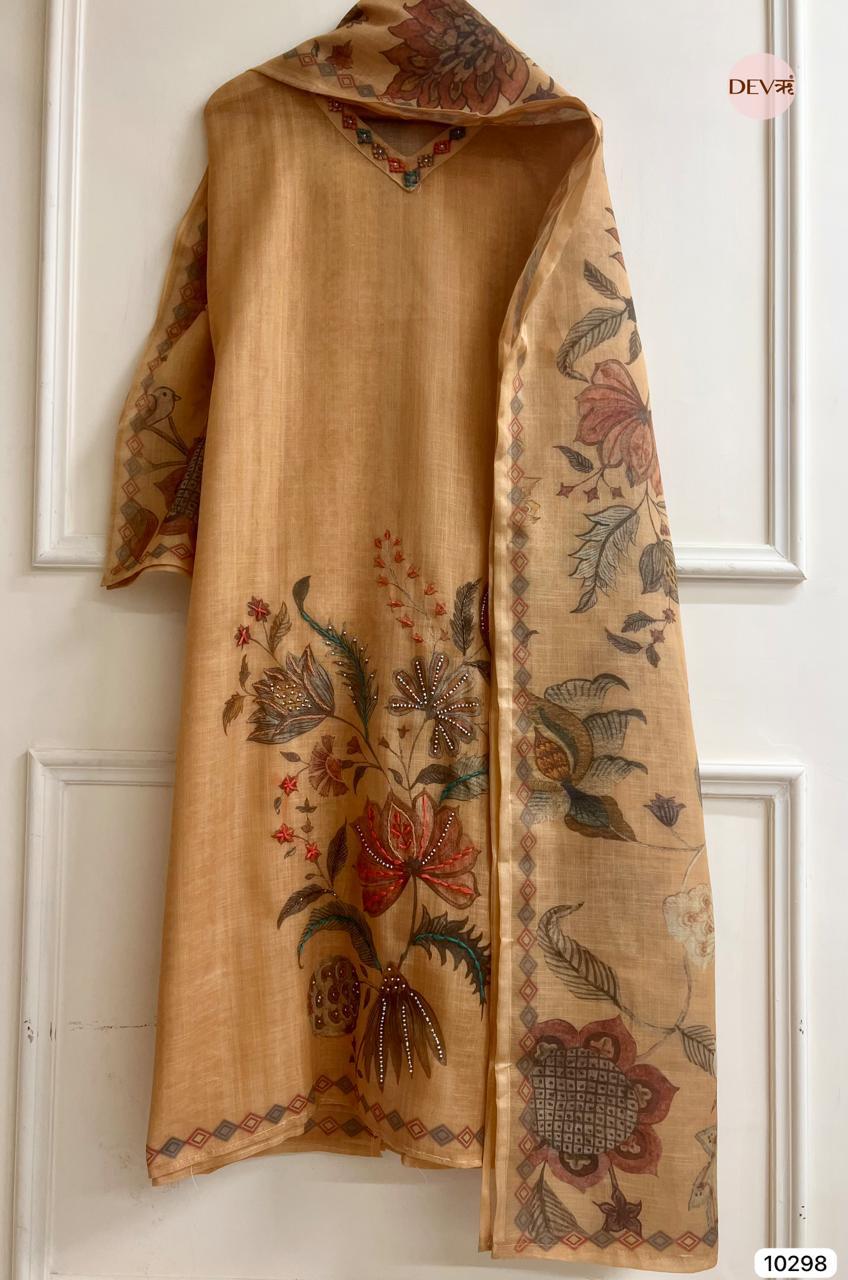 Warm Beige Linen Embroidered Unstitched 3-Piece Suit (Devri – D.No 10298)