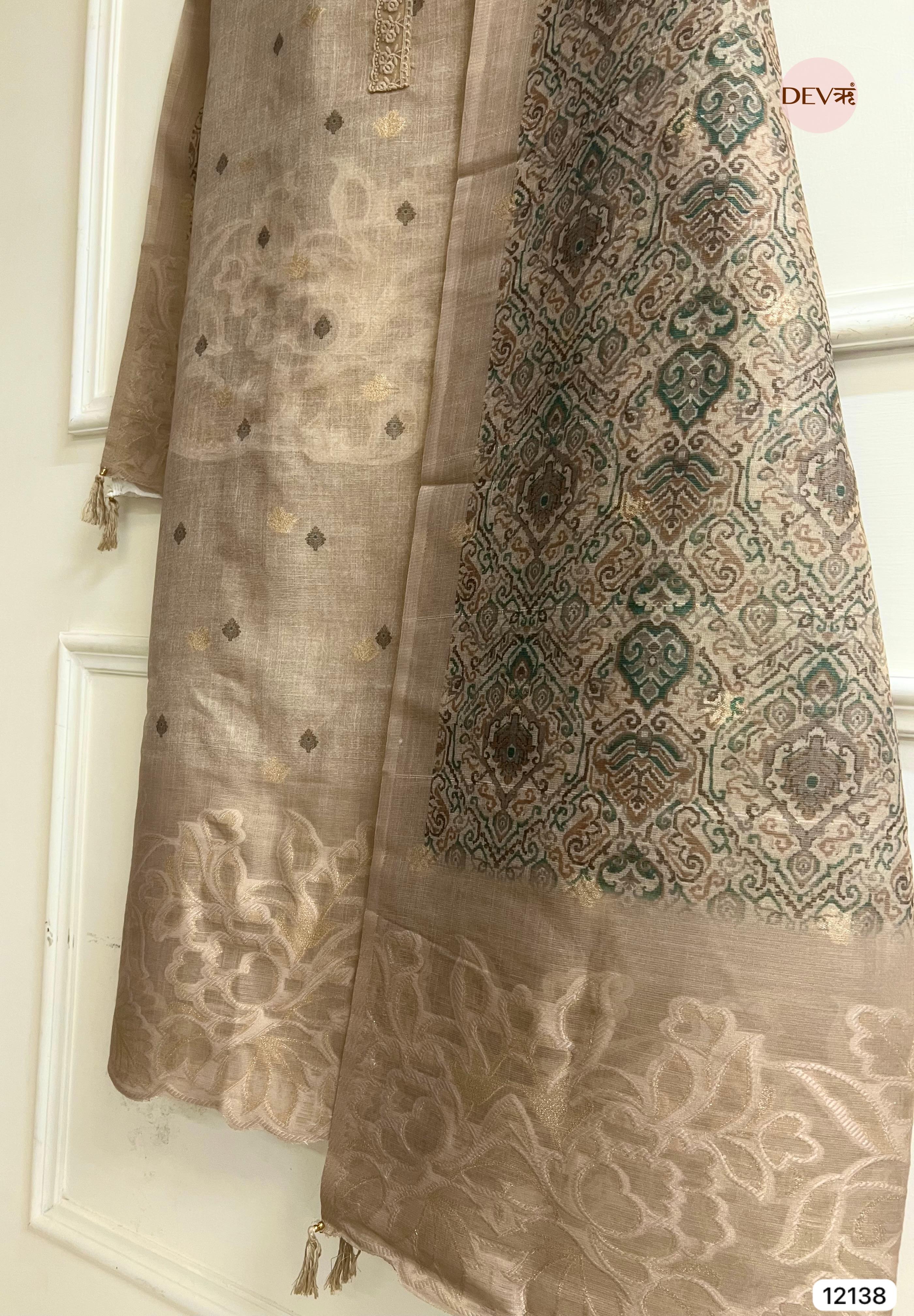 Beige Pure Jamdhani Silk Unstitched Woven Embroidered -Set Of 3 - {12138}