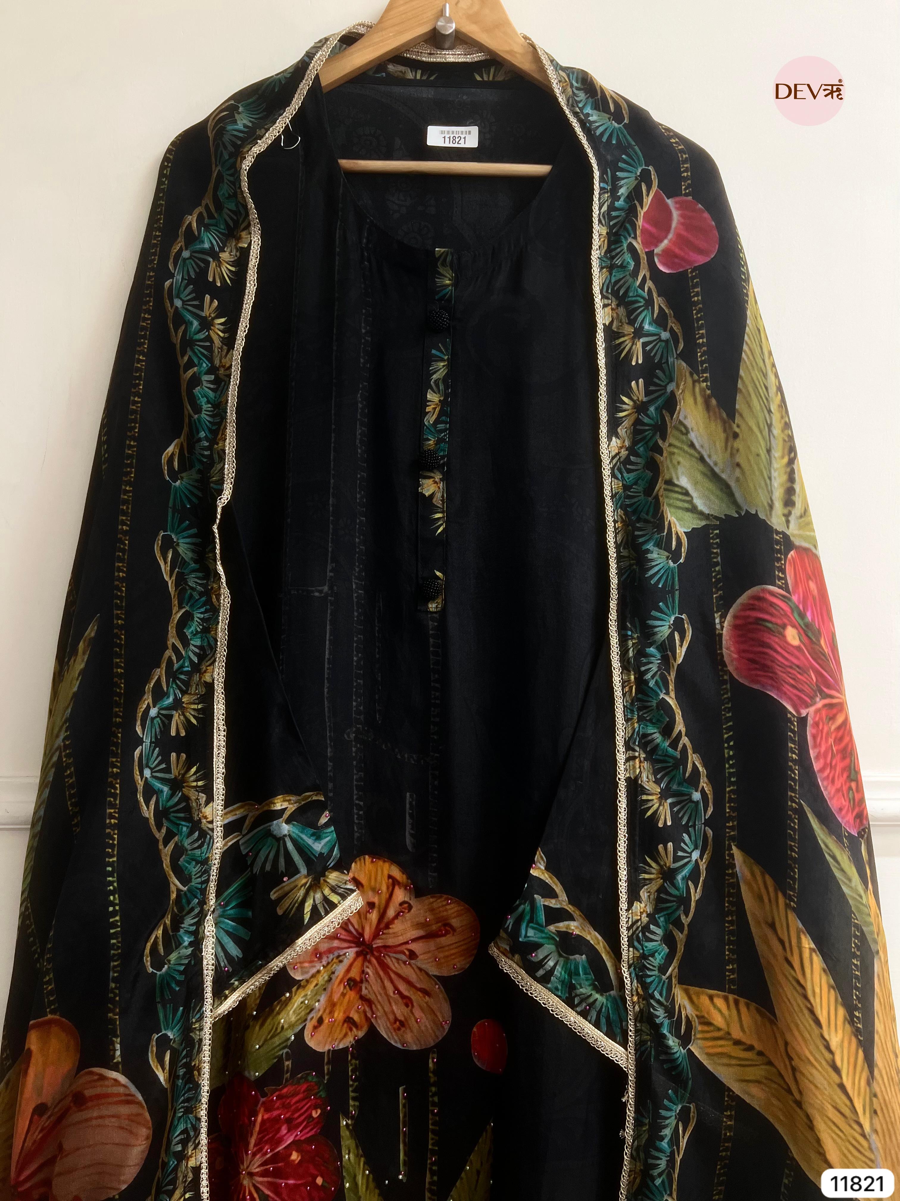 Black Organza silk Semi Stitched Printed Hand Embroidered -Set Of 3 - {11821}