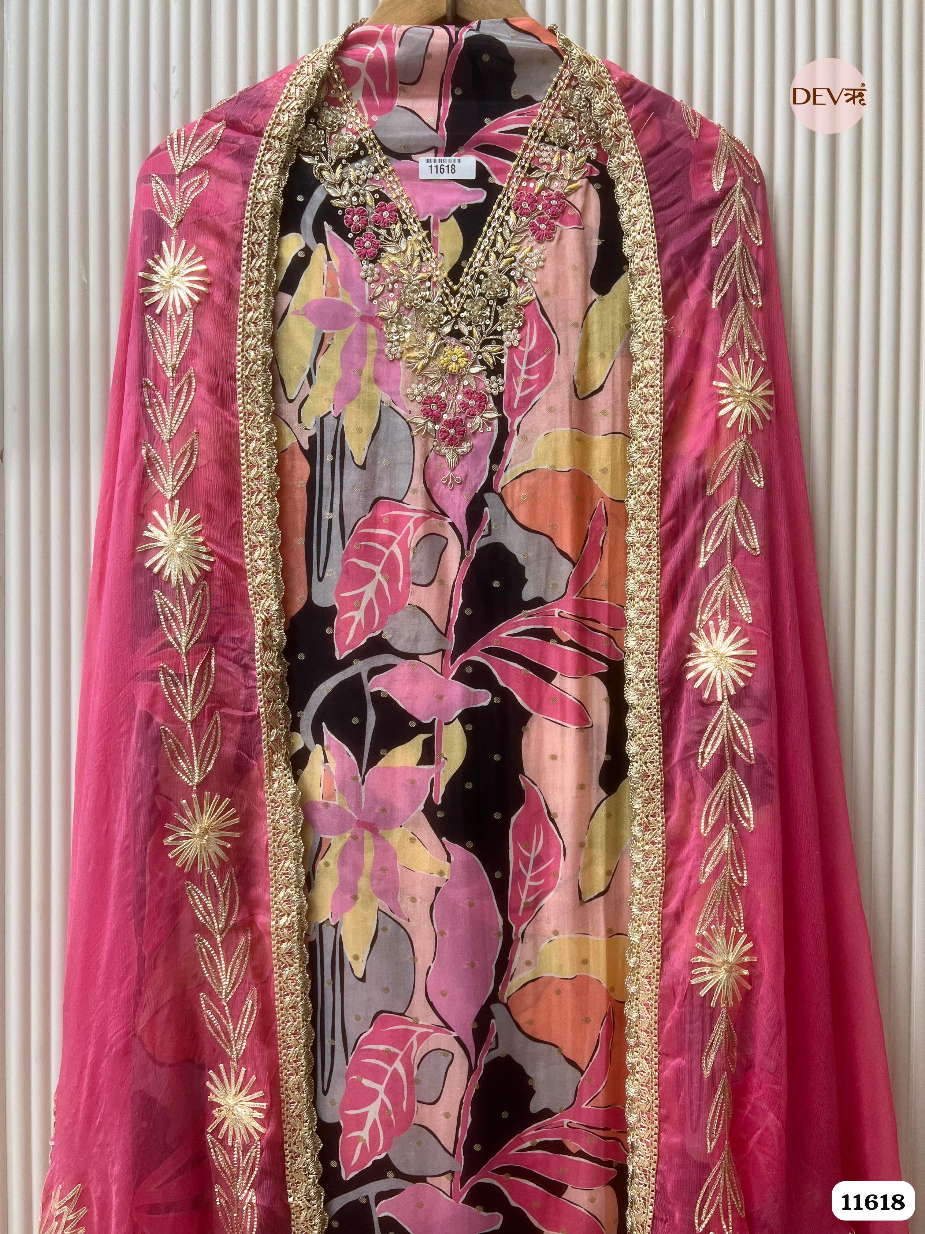 Pink Pure Organza Silk Unstitched Printed Hand Embroidered -Set Of 3 {11618}