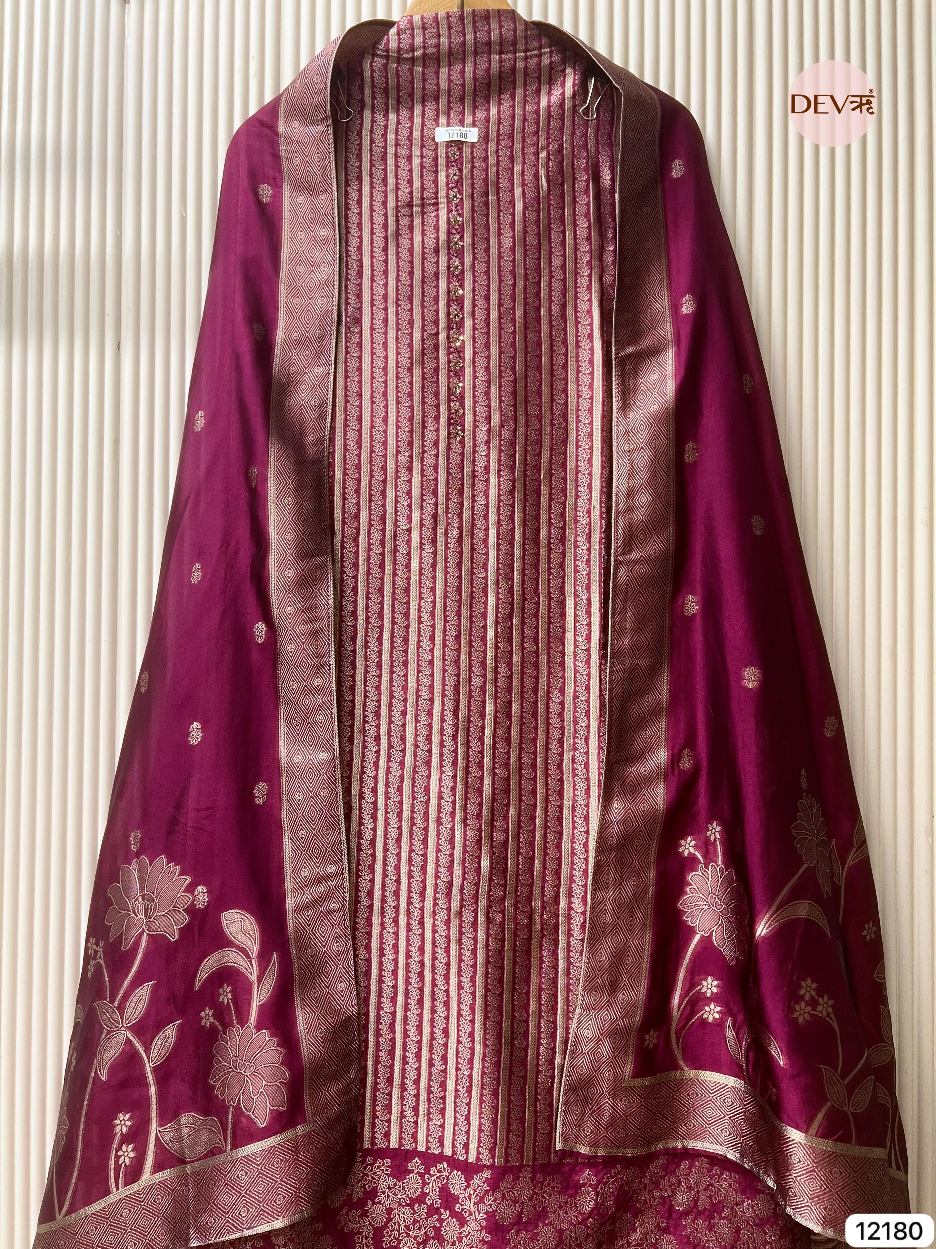 Maroon Pure Banarasi Silk Unstitched Hand Embroidered-Set of 3 - {12180}