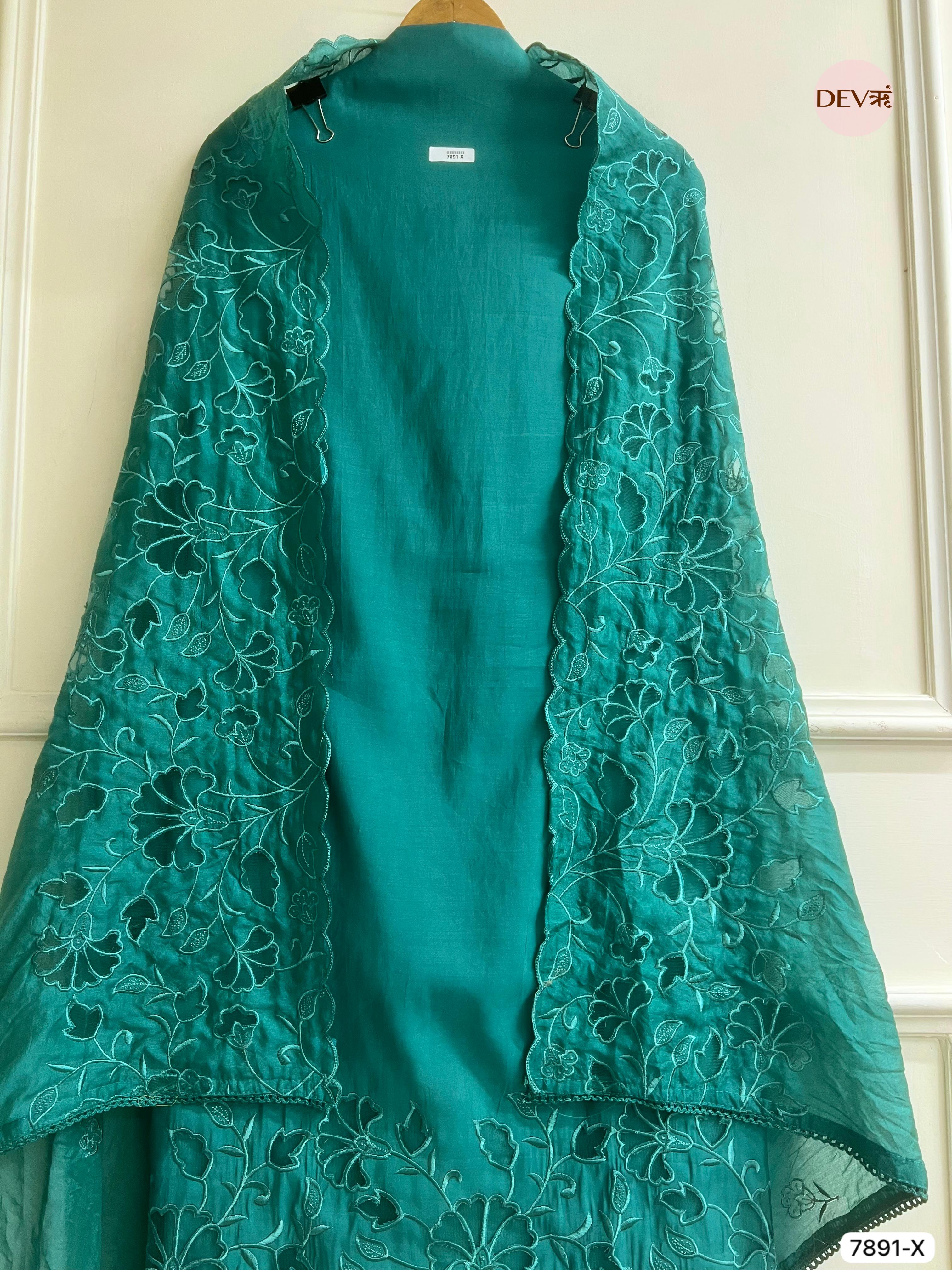 Green Modal silk unstitched Cutwork Embroidered-set of 3- {7891- X}