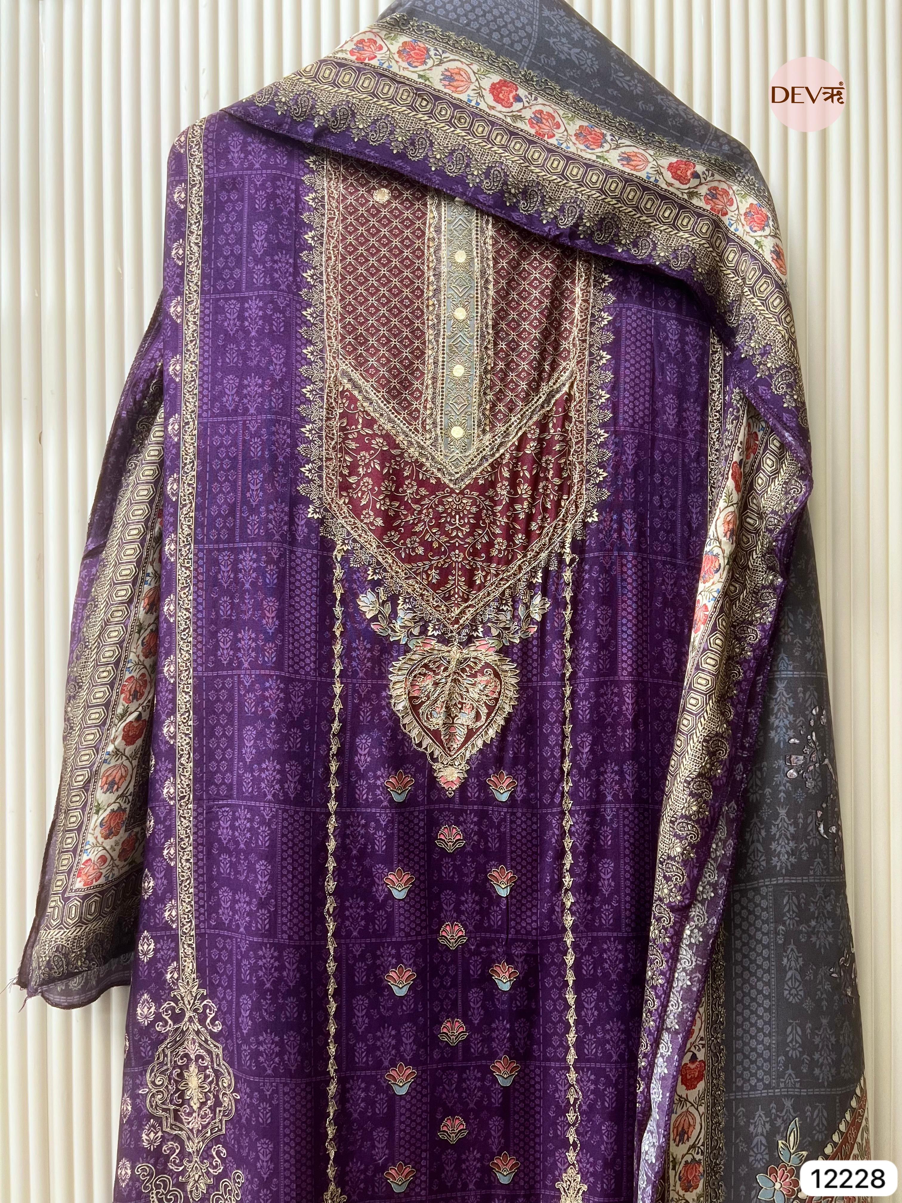 Purple Pure Muslin Printed Unstitched 3-Piece Suit (Devri – D.No 12228)