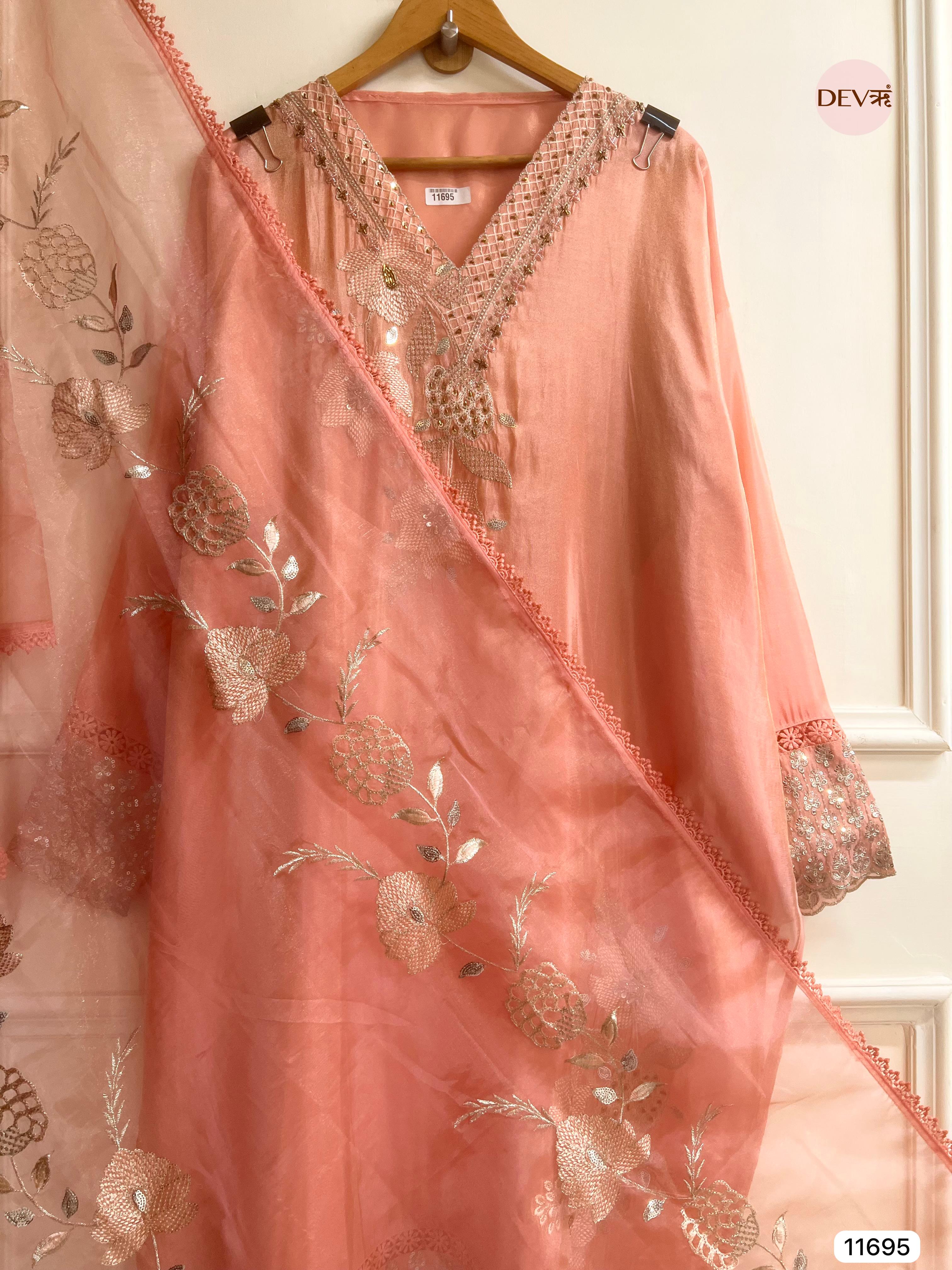 Light Pink Tissue Shimmer Silk Semi Stitched Hand Embroidered -Set Of 3- {11695}