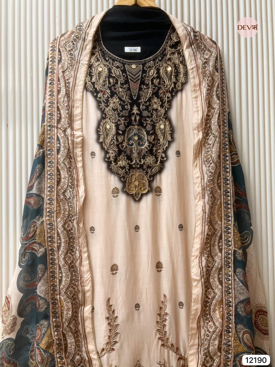 Soft Cream Muslin Printed Unstitched 3-Piece Suit (Devri – D.No 12190)