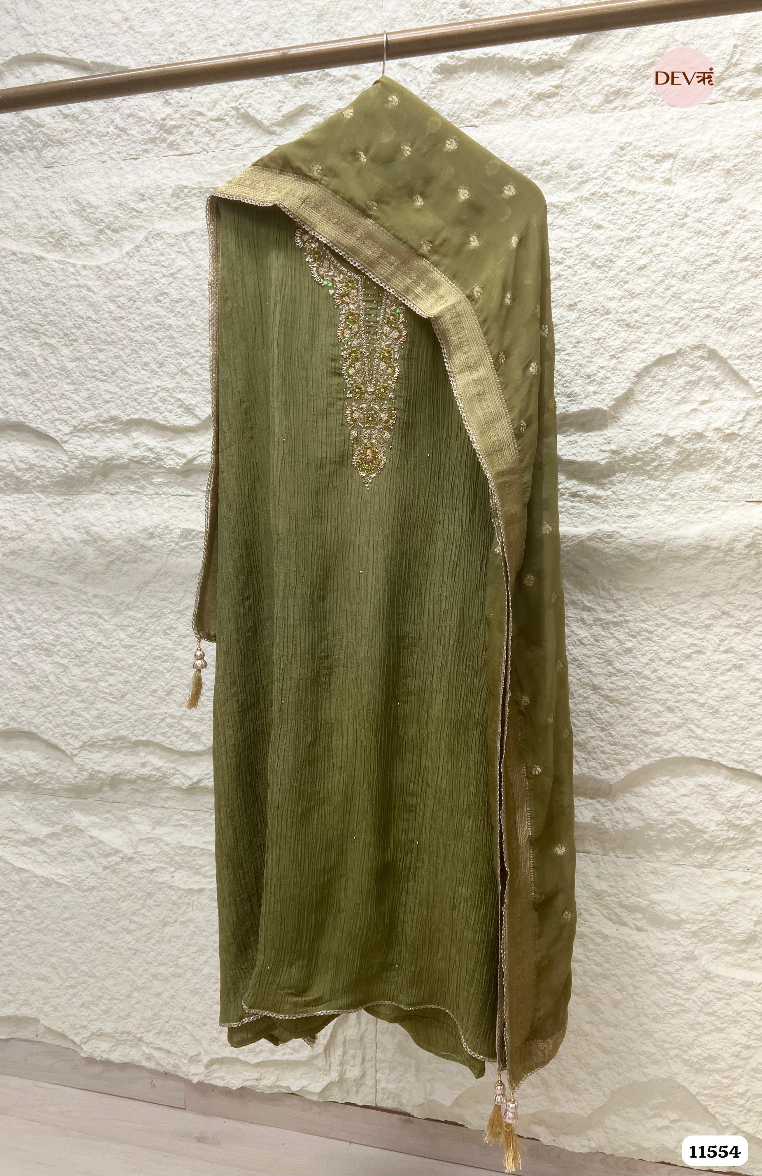 Olive Green Pure Tissue Crush Silk Unstitched Hand Embroidered -Set Of 3 {11554}
