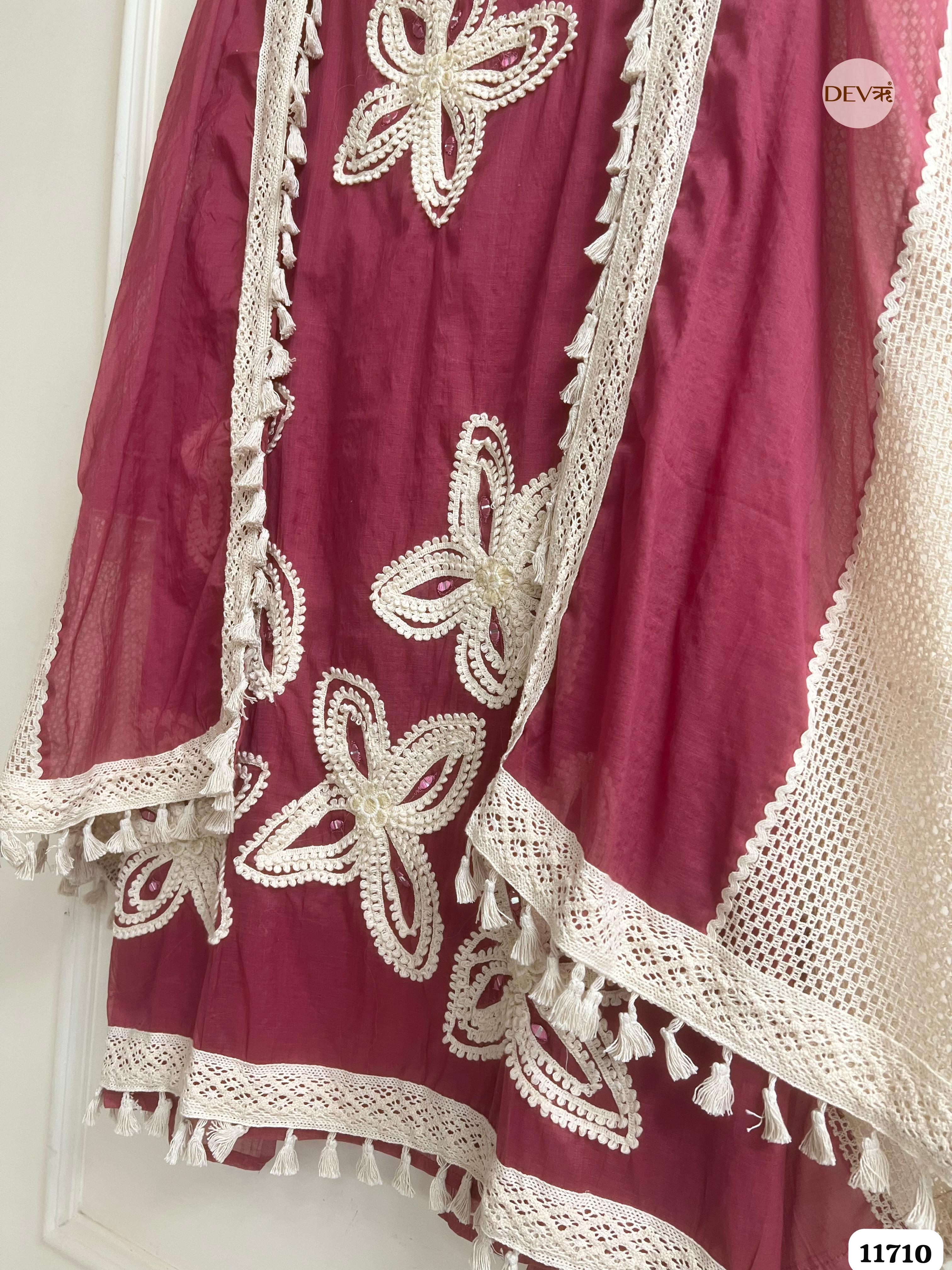 Maroon Mul Chanderi Unstitched Hand Embroidered -Set Of 3 {11710}