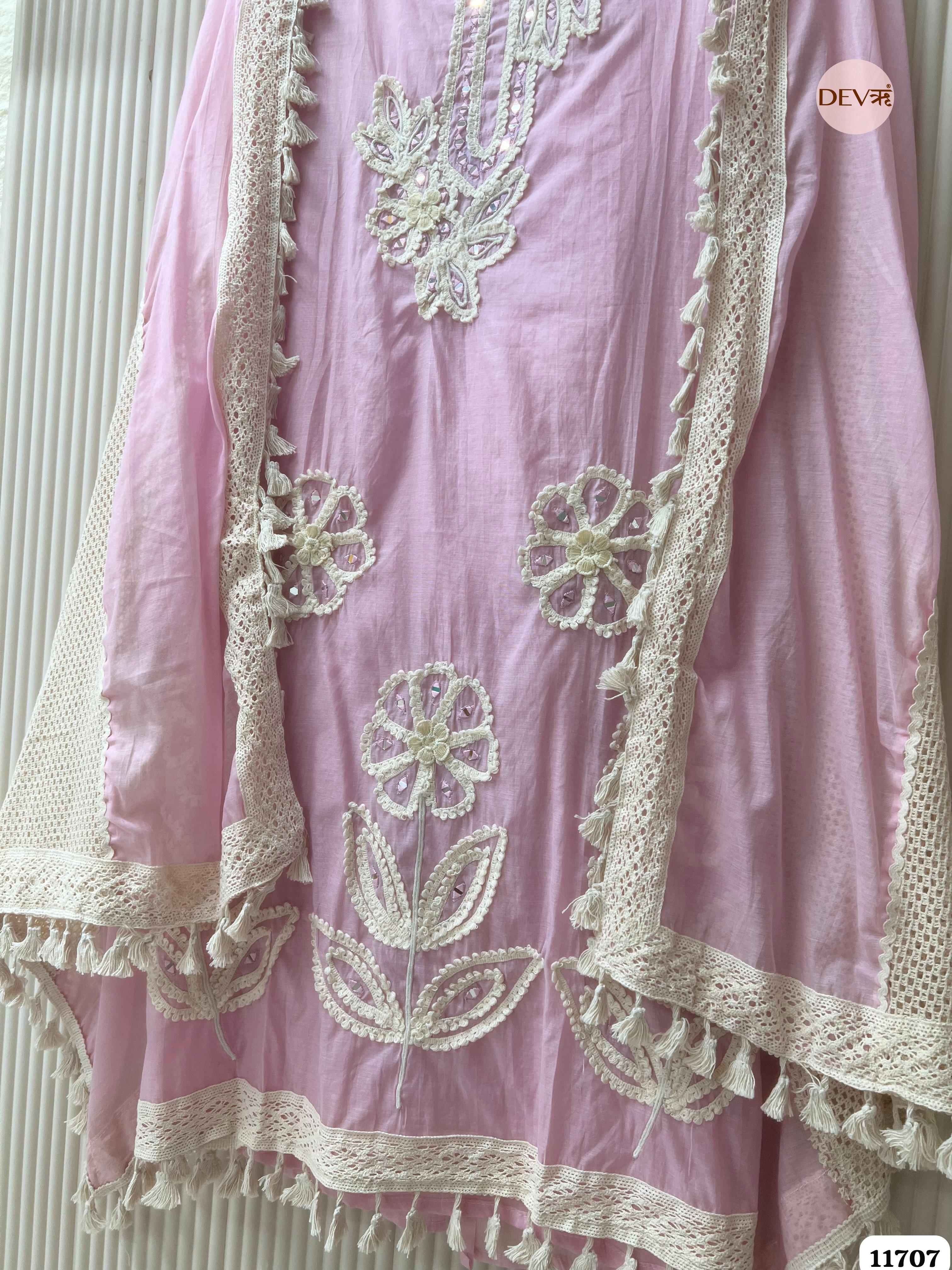 Pink Mul Chanderi Unstitched Hand Embroidered -Set Of 3 {11707}