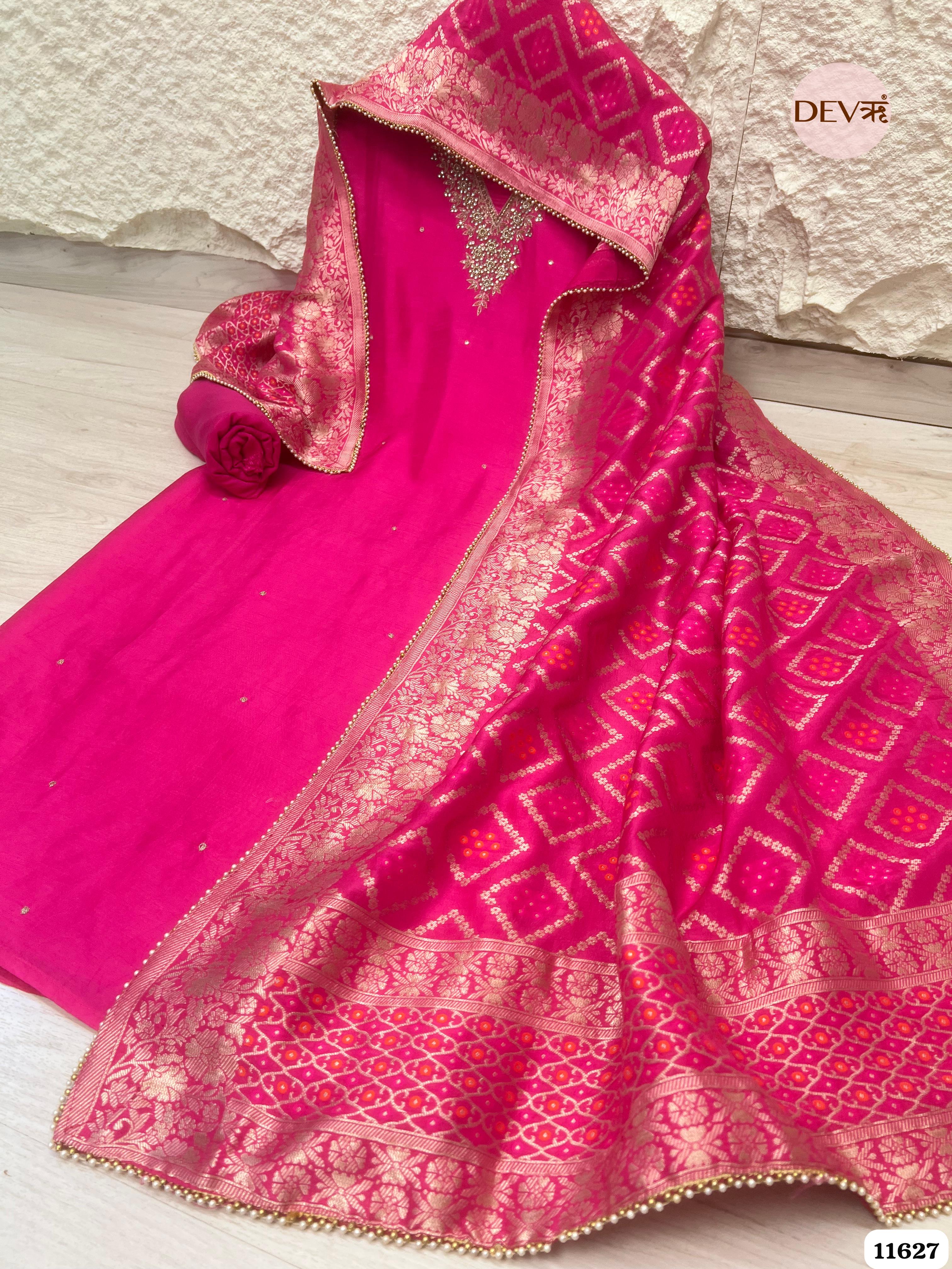 Hot Pink Pure Russian Silk Unstitched Hand Embroidered -Set Of 3 {11627}