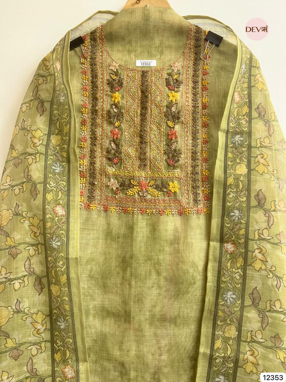 Olive Green Linen Hand Embroidered Unstitched 3-Piece Suit (Devri – D.No 12353)
