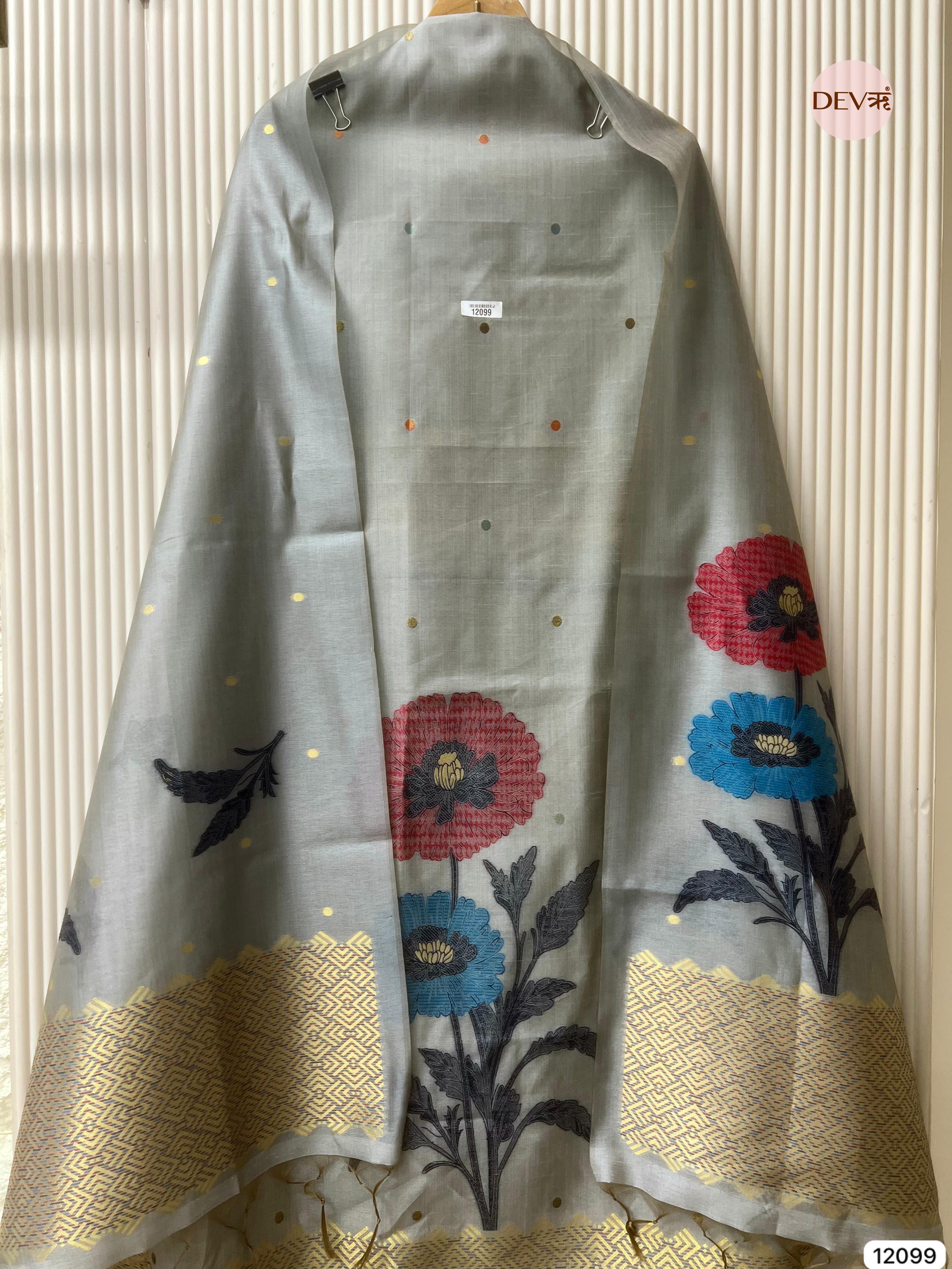 Grey Banarasi Khadi Silk Unstitched -Set Of 3 - {12099}