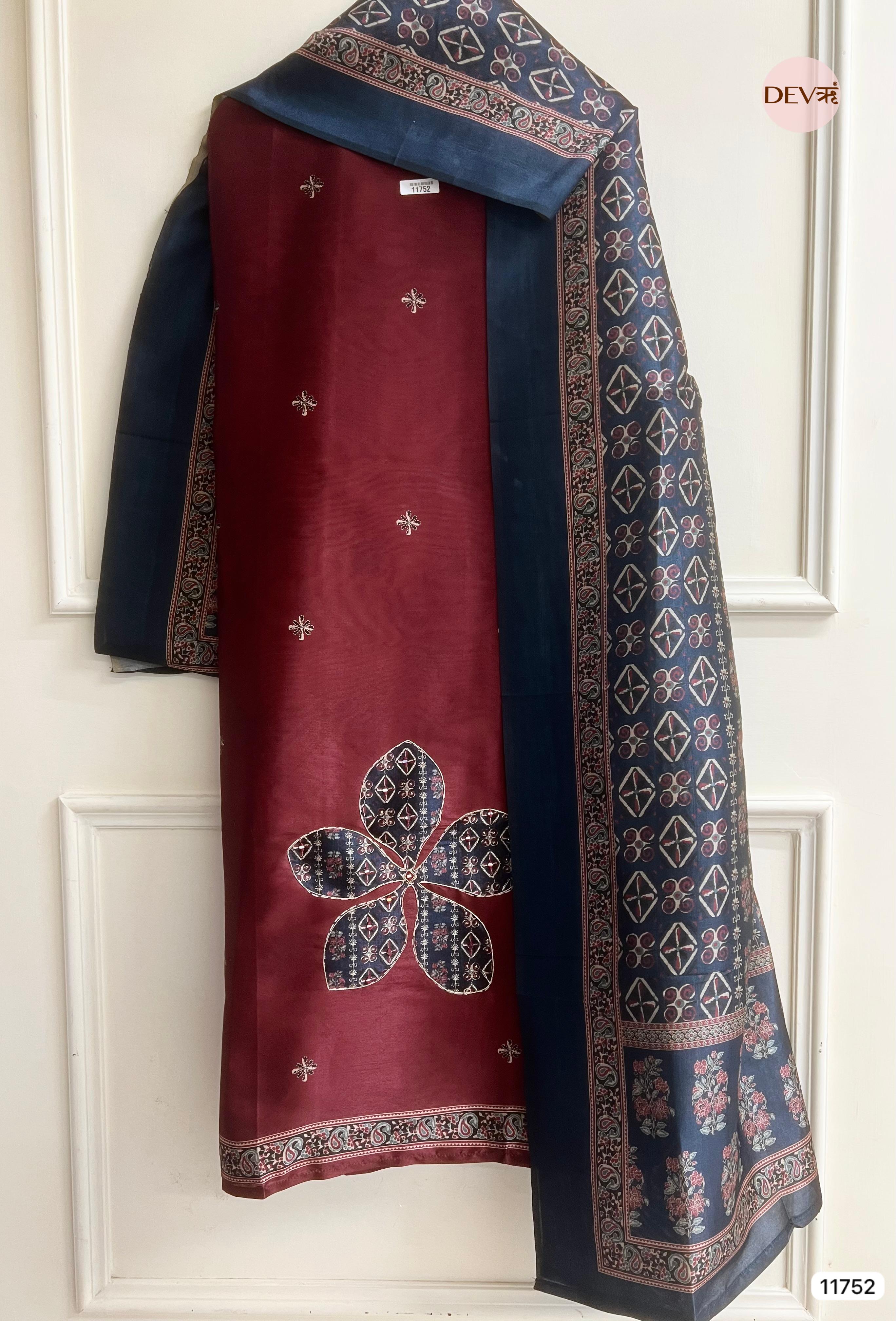 Maroon Raw Silk Unstitched Hand Applique Work Embroidered -Set Of 3 - {11752}