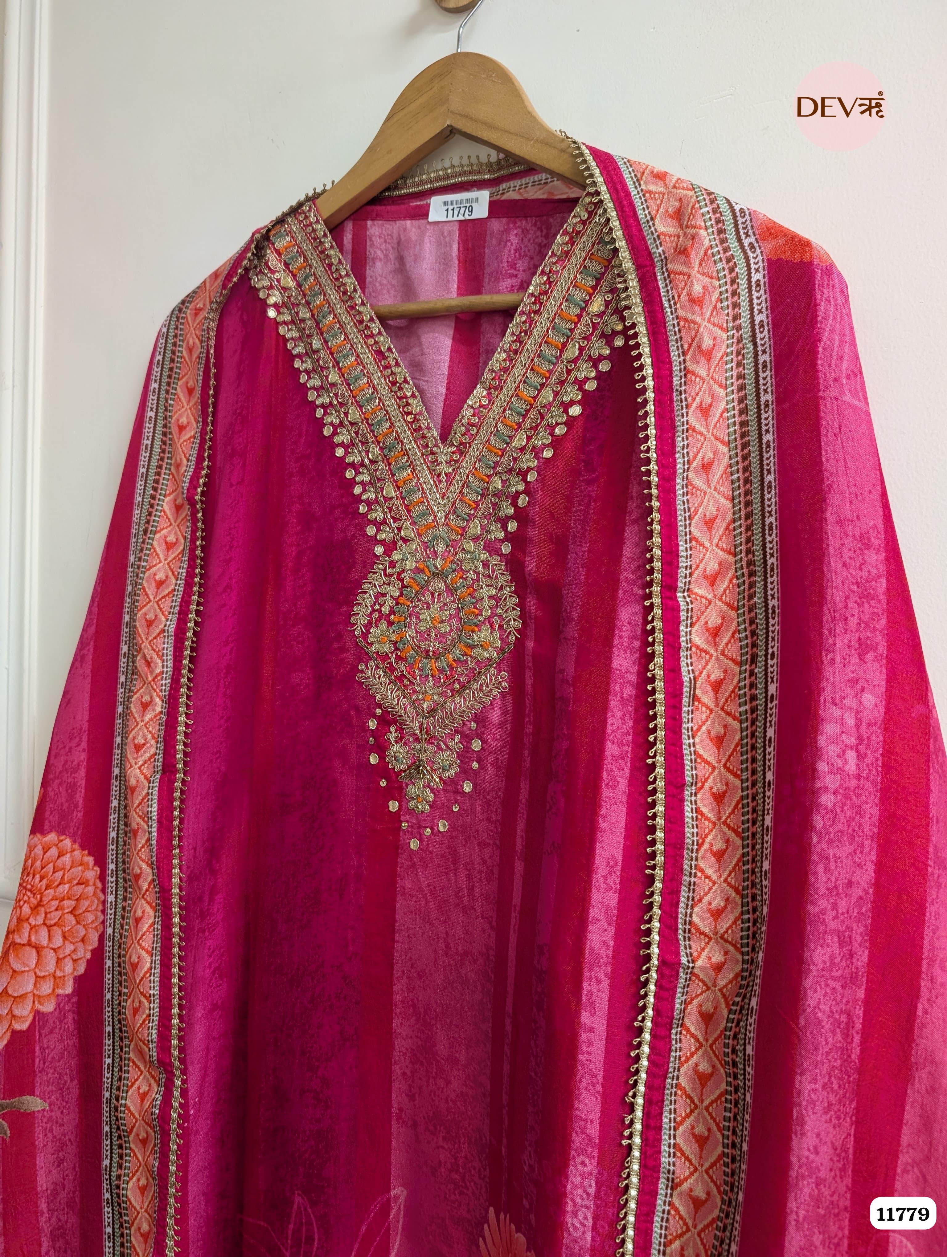 Rose Pink Russian Silk Printed Unstitched Hand Embroidered -Set Of 3 {11779}