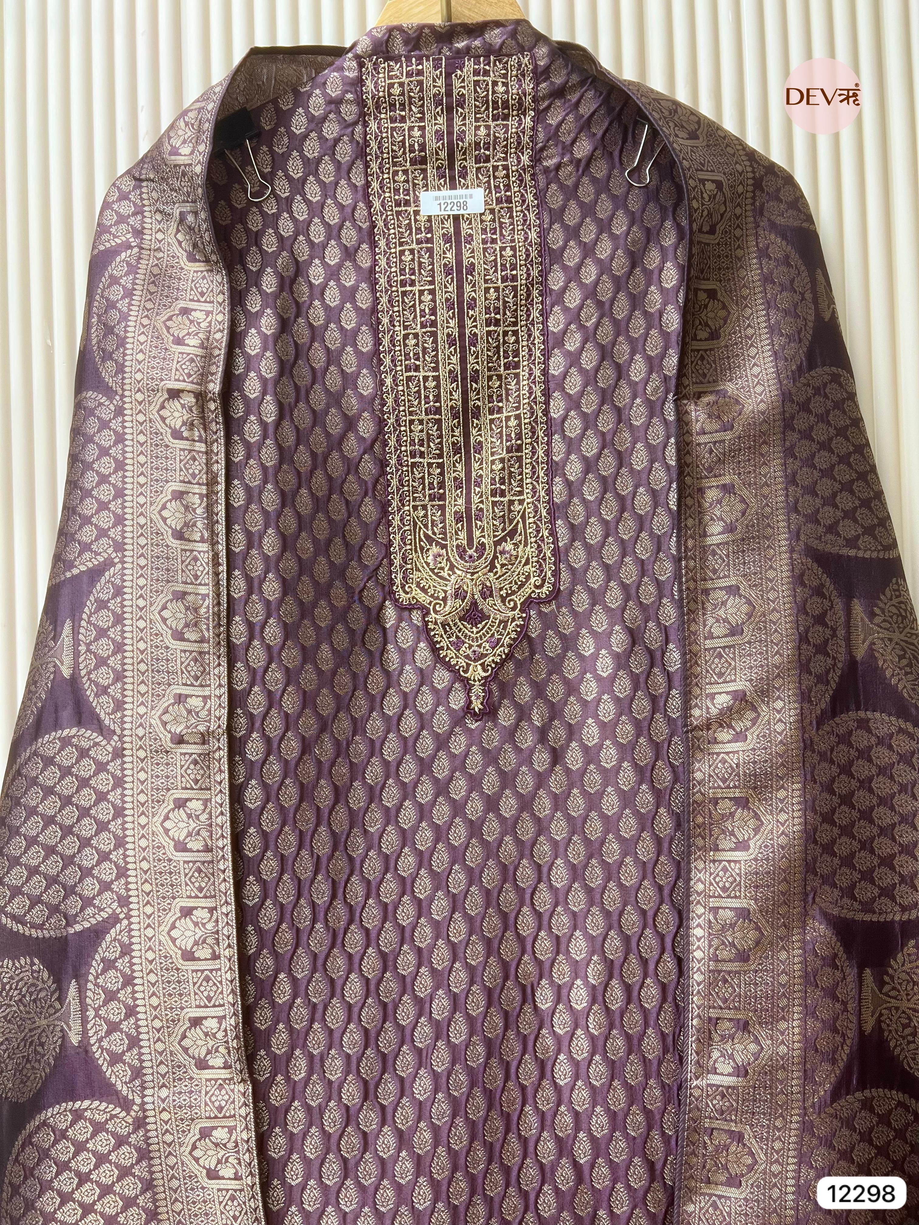 Plum Pure Banarasi Silk Woven Unstitched 3-Piece Suit (Devri – D.No 12298)