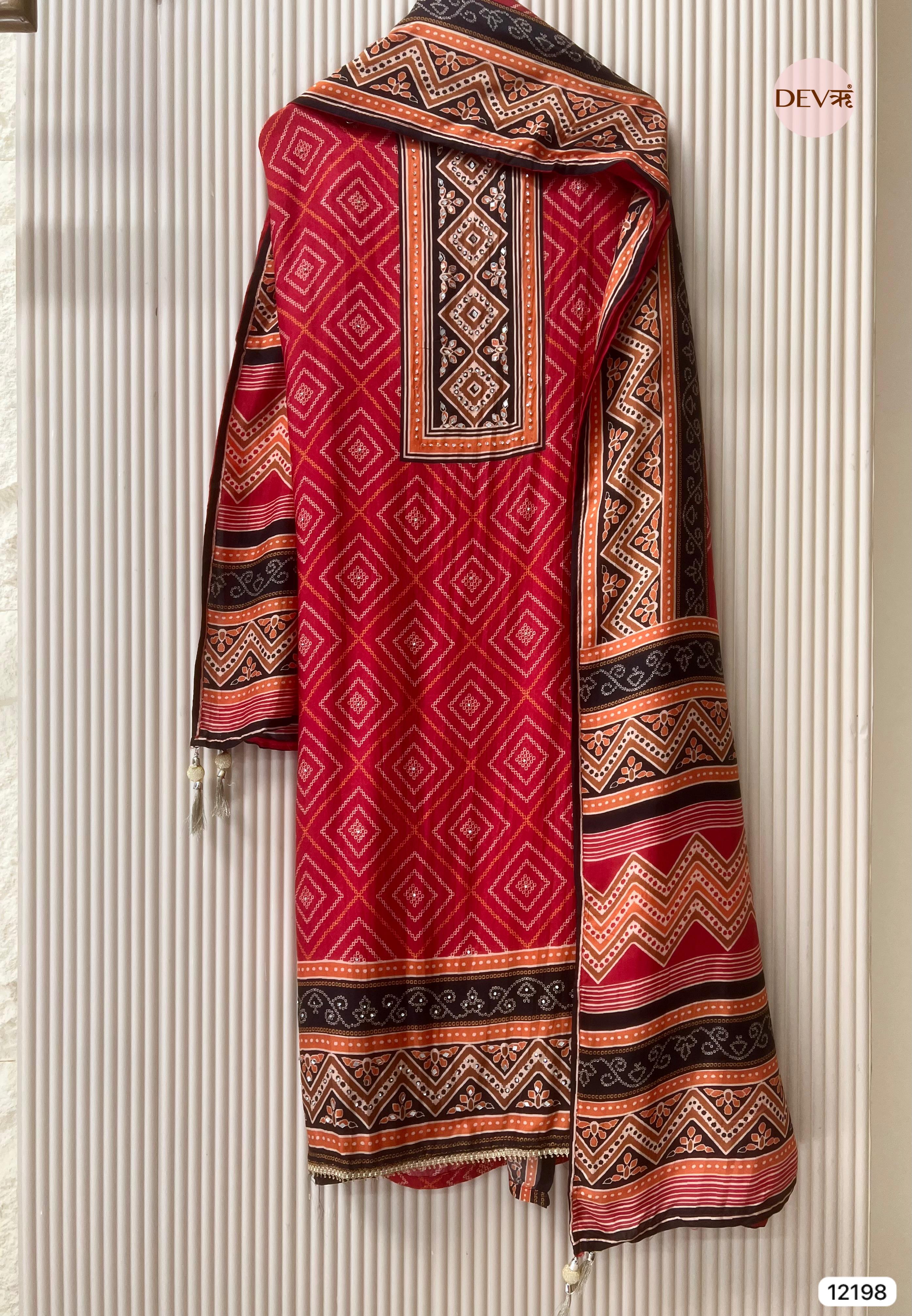 Red Pure russian silk Printed Unstitched Hand Embroidered -Set Of 3 - {12198}