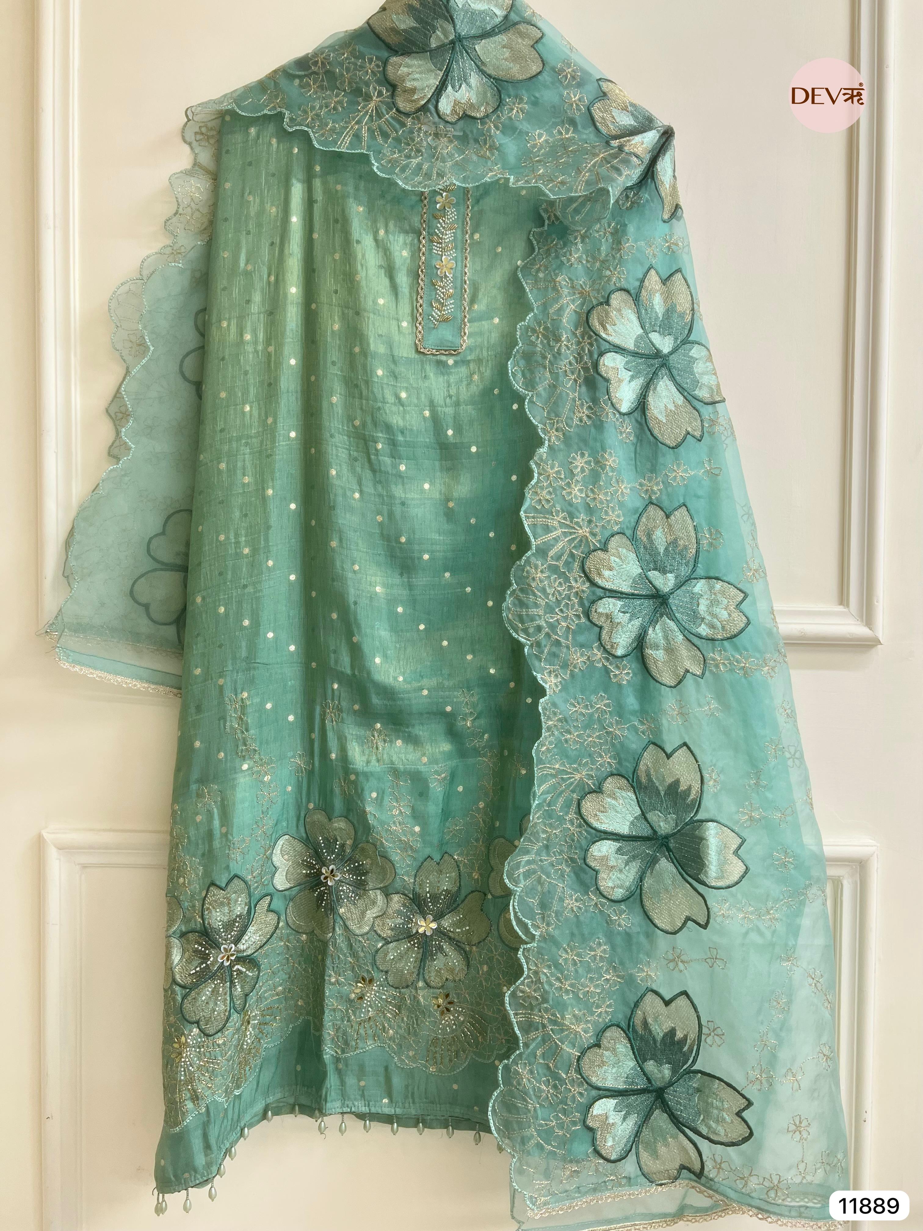 Green Tissue Silk Unstitched Embroidered -Set Of 3- {11889}