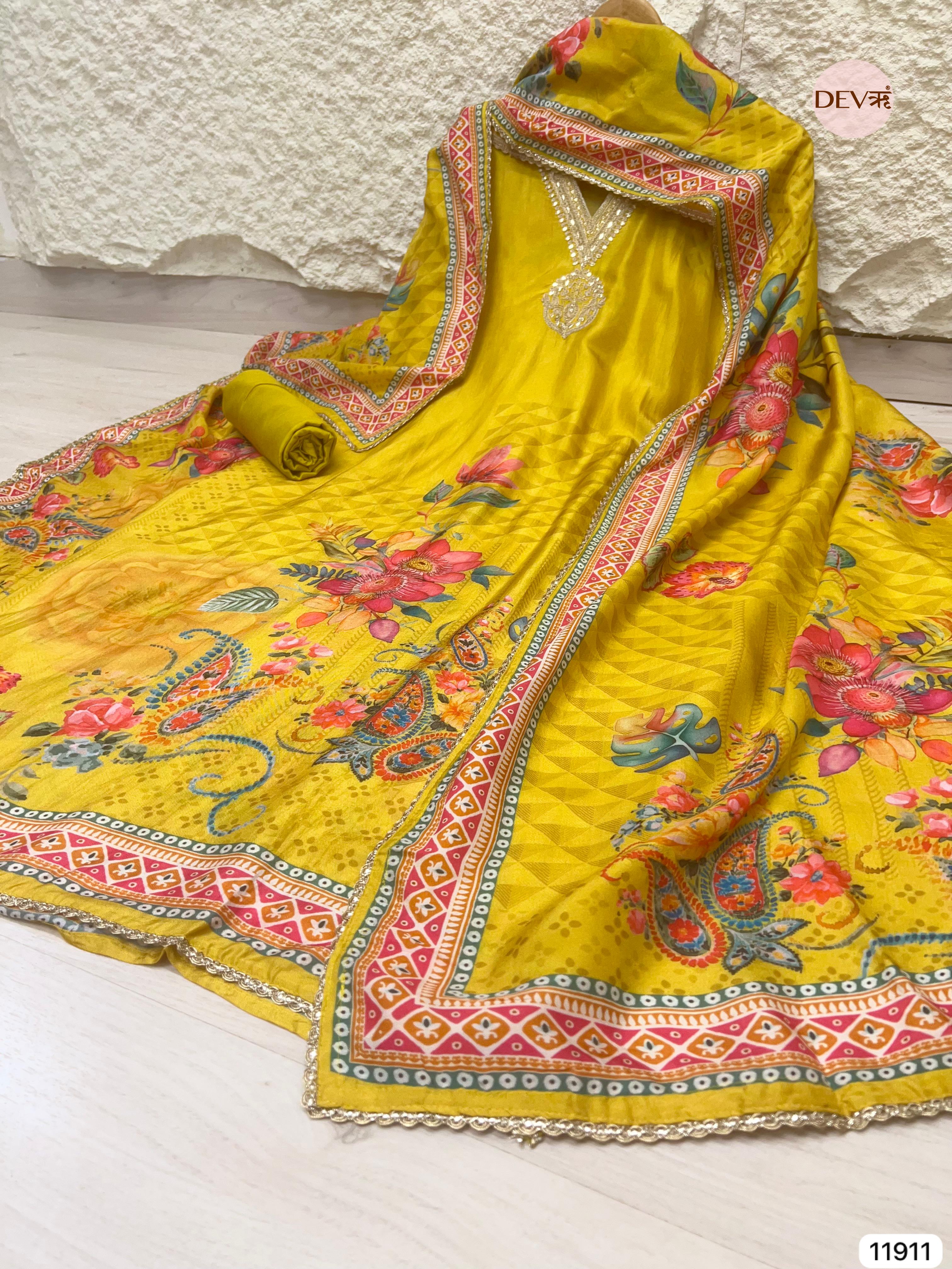{11911} Yellow Pure Russian Silk Unstitched Printed Embroidered -Set Of 3