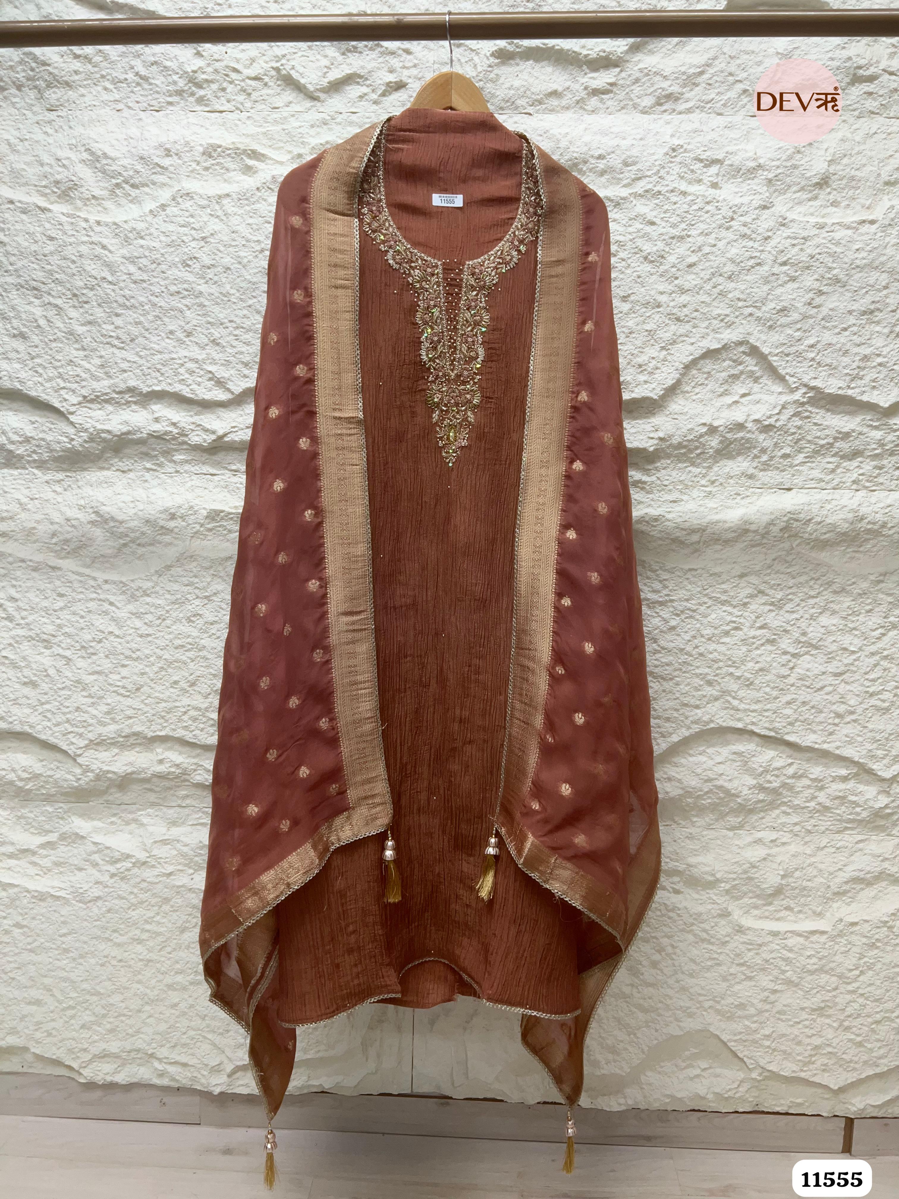 Reddish-Brown Pure Tissue Crush Silk Unstitched Hand Embroidered -Set Of 3 {11555}
