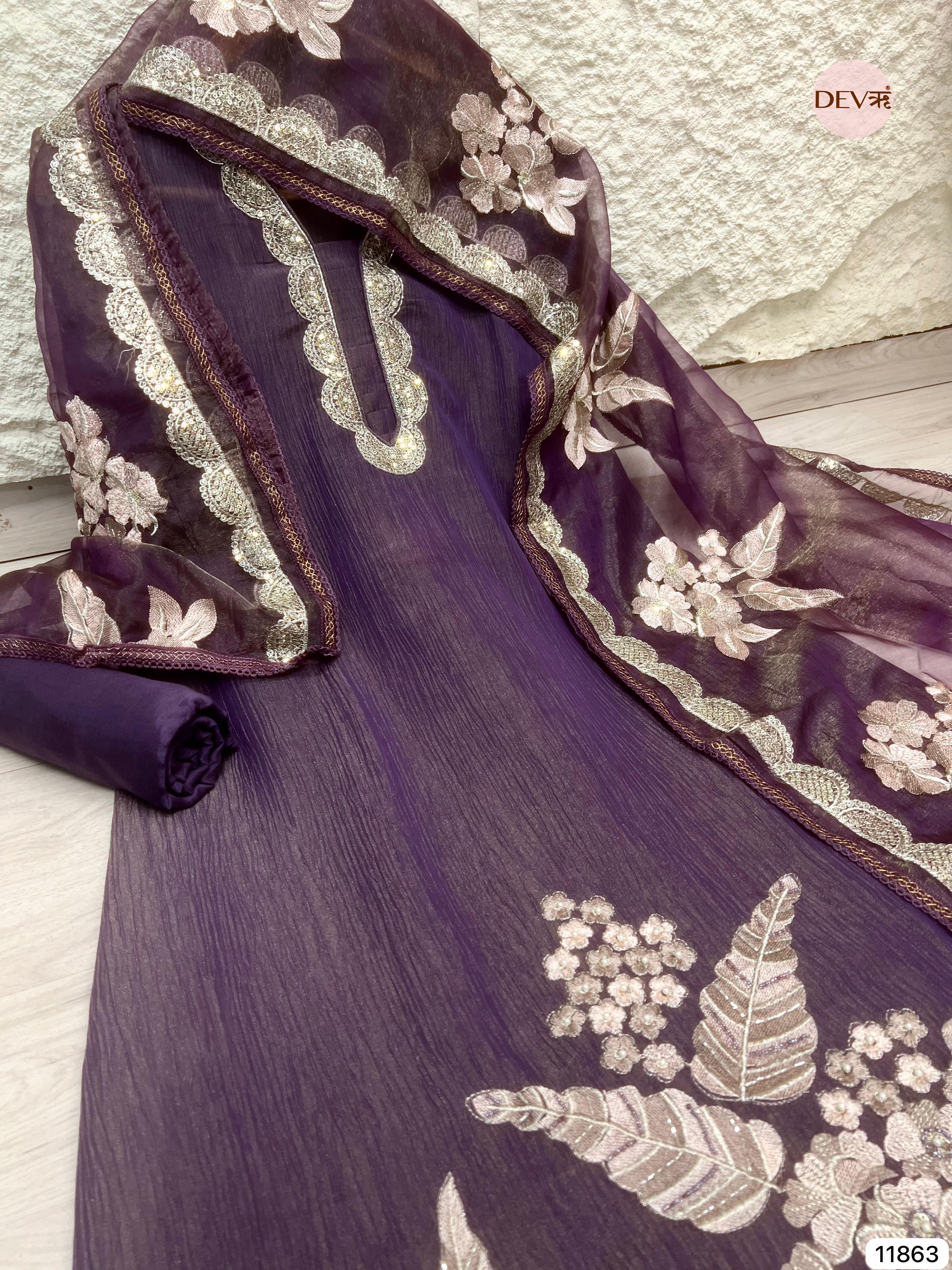 Purple Tissue crush silk unstitched embroidered -Set Of 3- {11863}