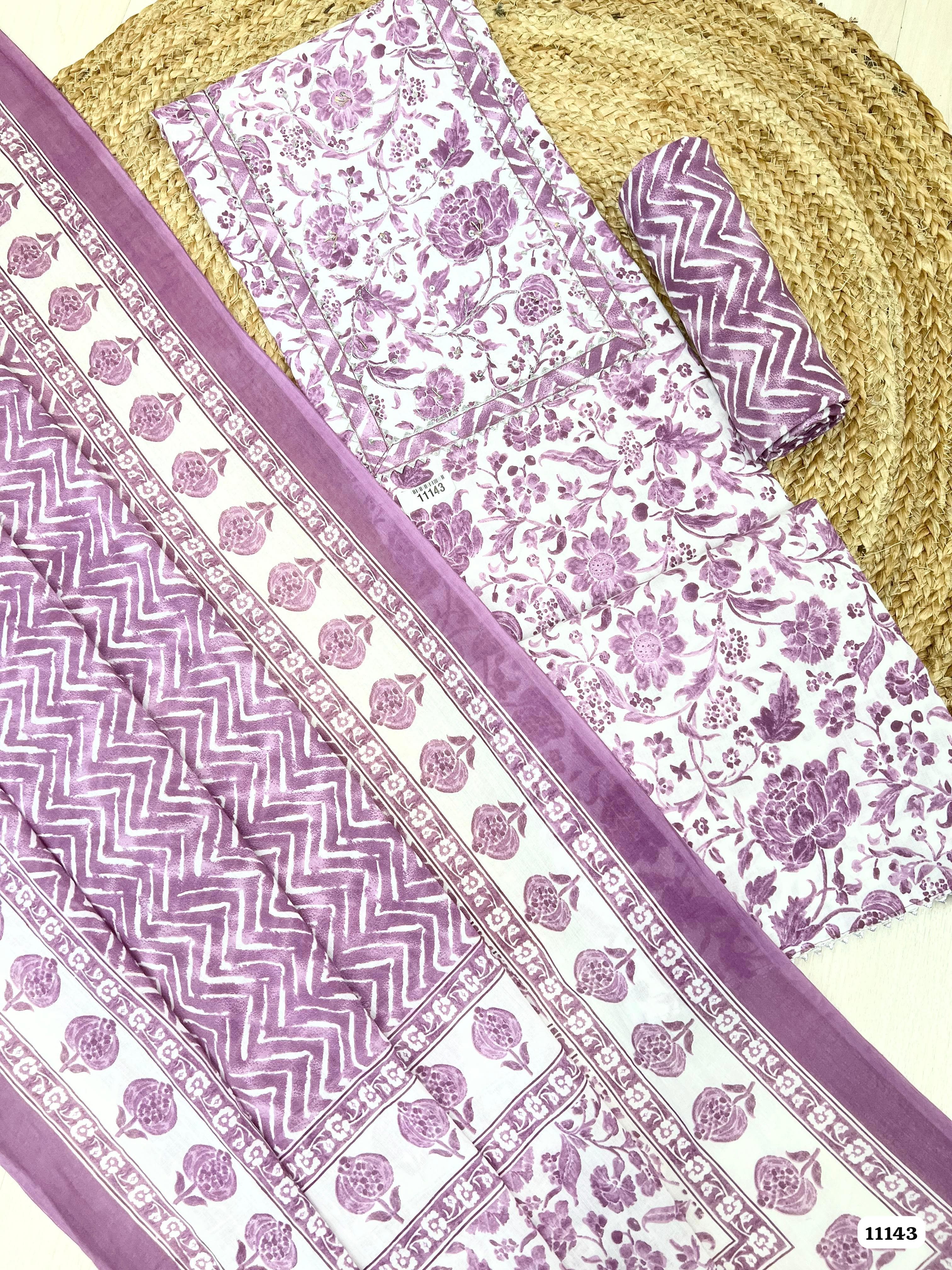 Purple Cotton Printed Unstitched Hand Embidered -Set Of 3 {11143}