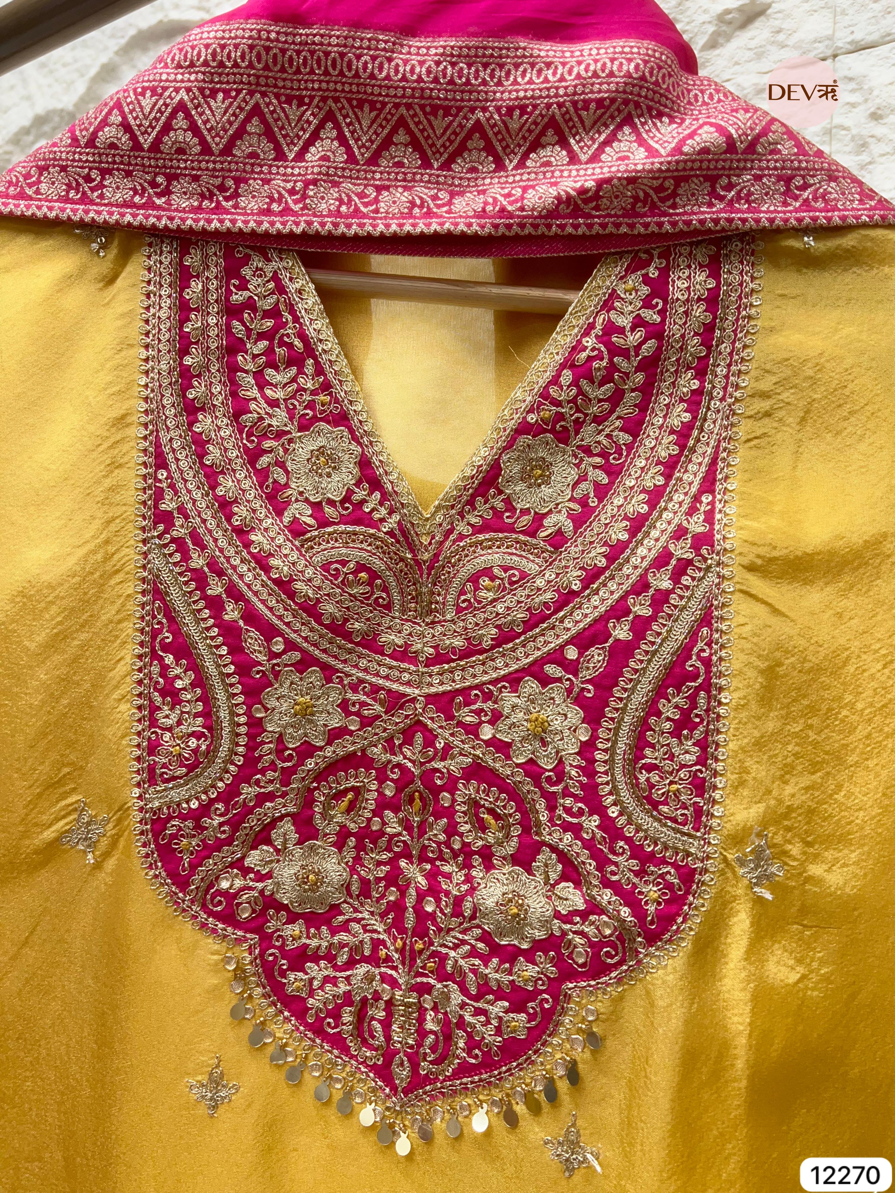Yellow Shimmer Silk Embroidered Unstitched 3-Piece Suit (Devri – D.No 12270)