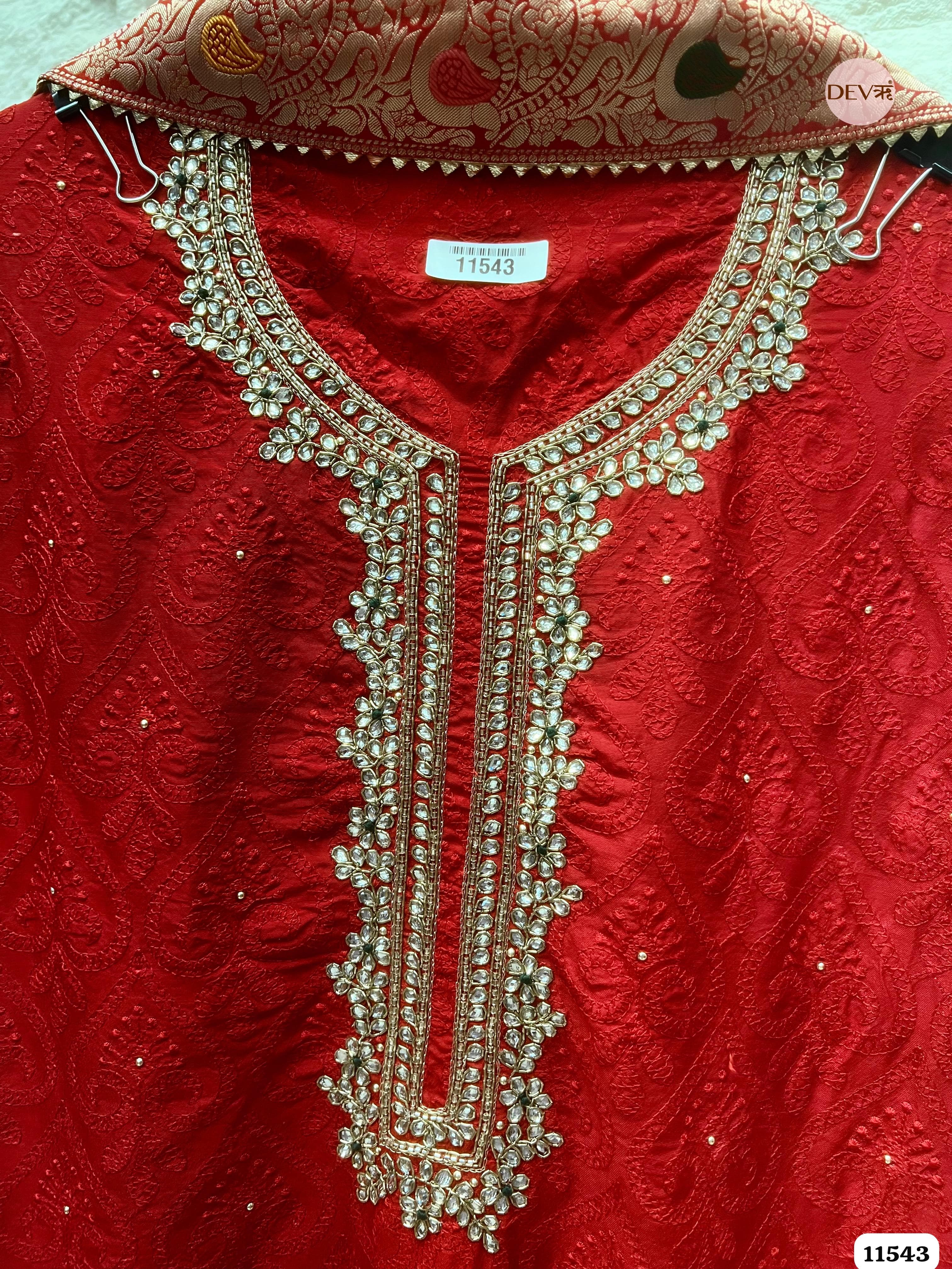 Red Pure Russian Silk Unstitched Hand Embroidered -Set Of 3 {11543}