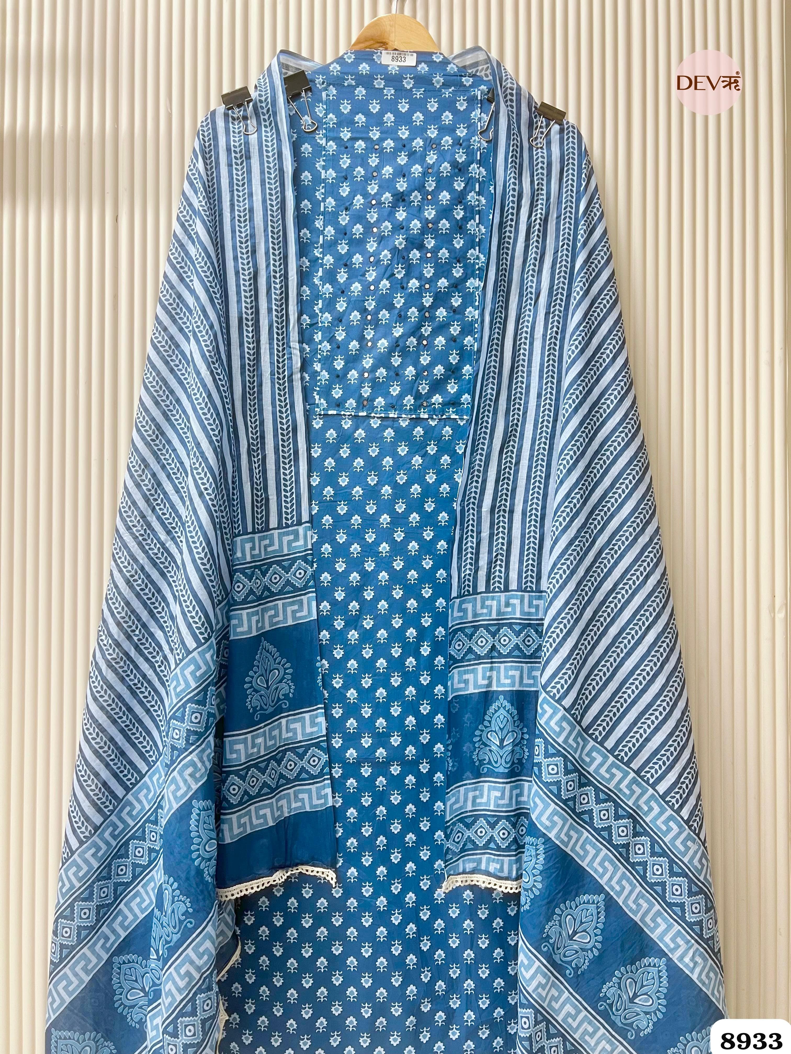 Blue Cotton Printed Unstitched Embroidered -Set Of 3