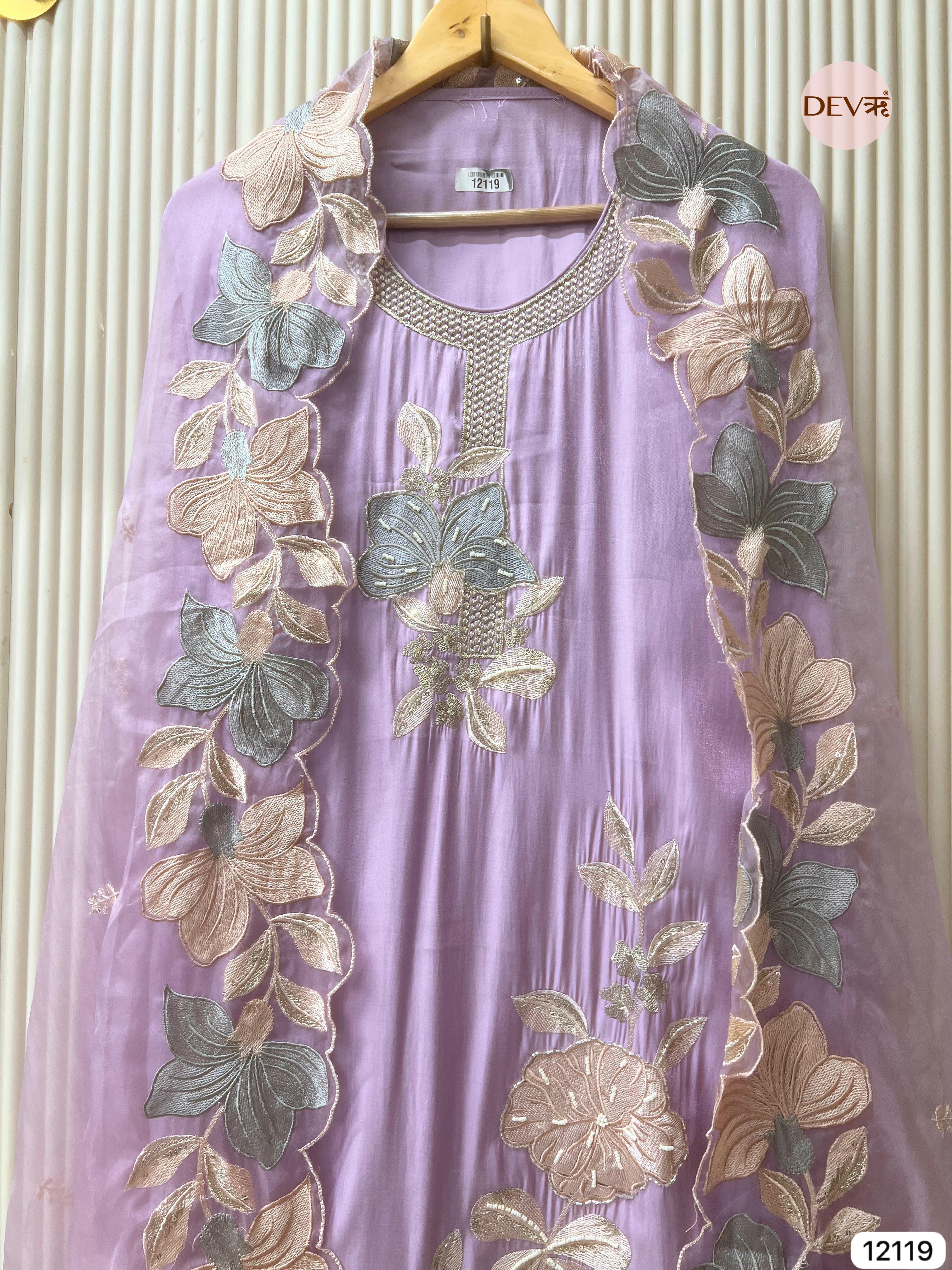 Light Purple Organza Silk Unstitched Hand Embroidered -Set Of 3 - {12119}