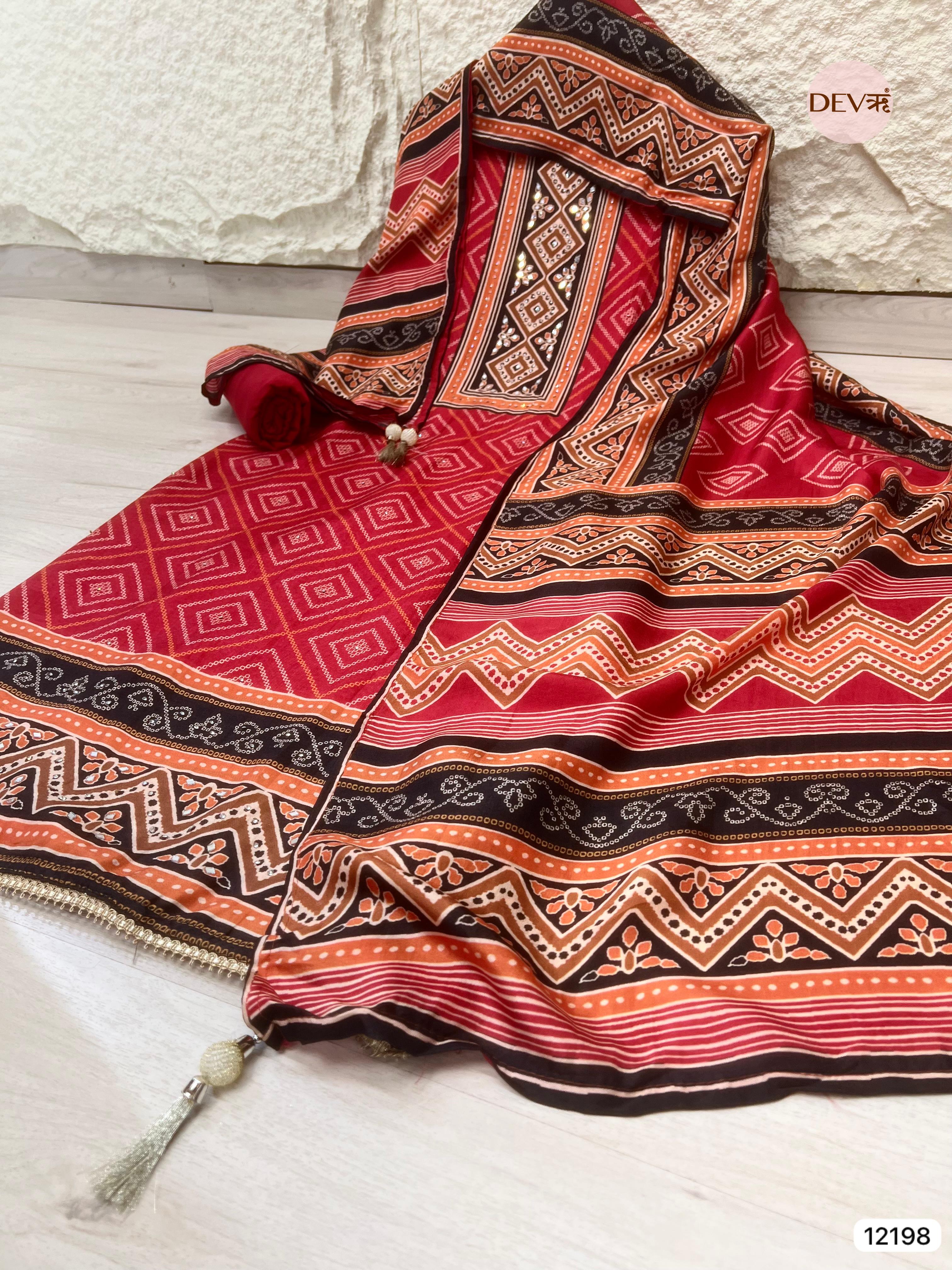 Red Pure russian silk Printed Unstitched Hand Embroidered -Set Of 3 - {12198}