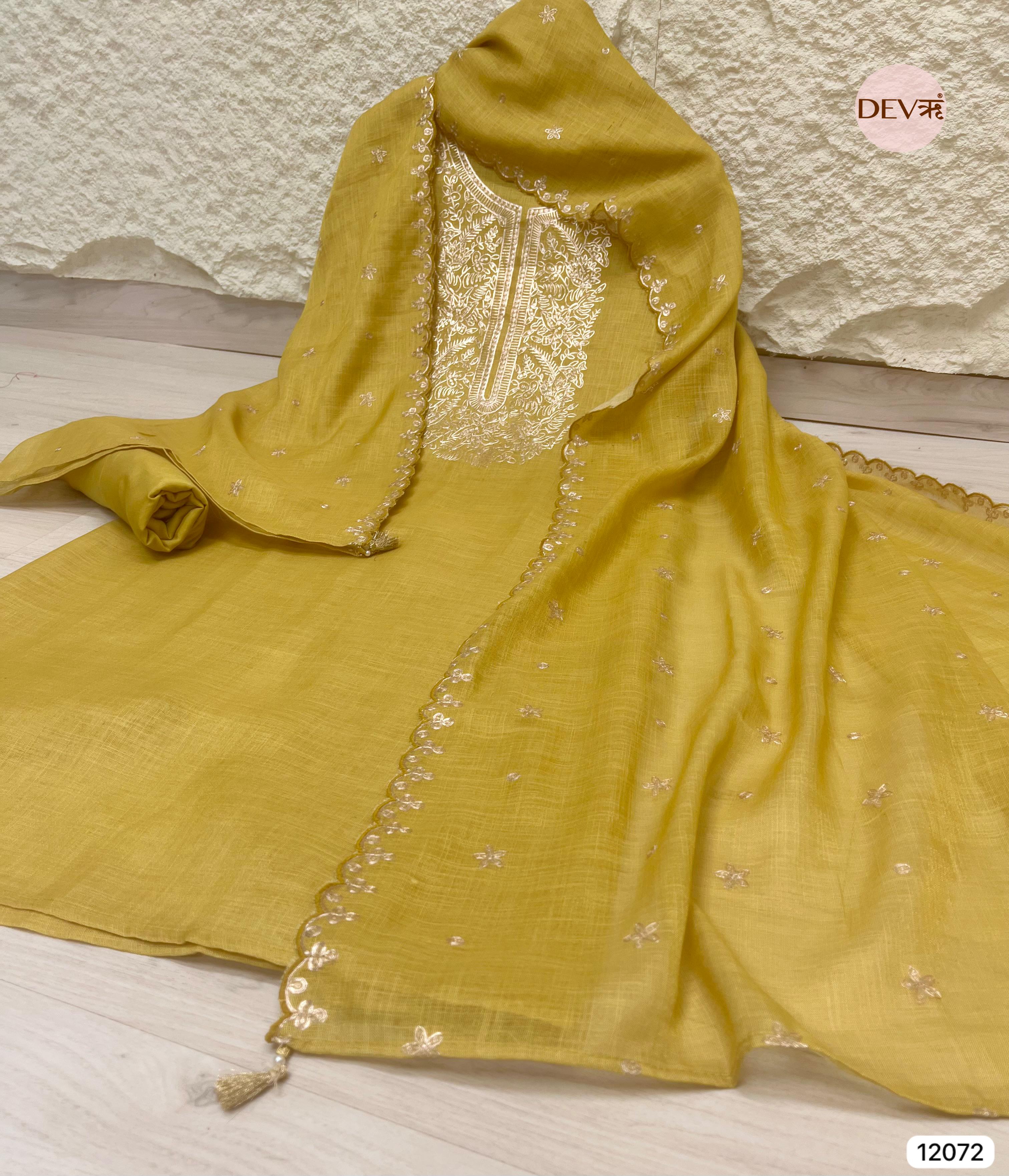 Yellow Pure Linen Unstitched Zardosi Embroidered -Set Of 3 - {12072}